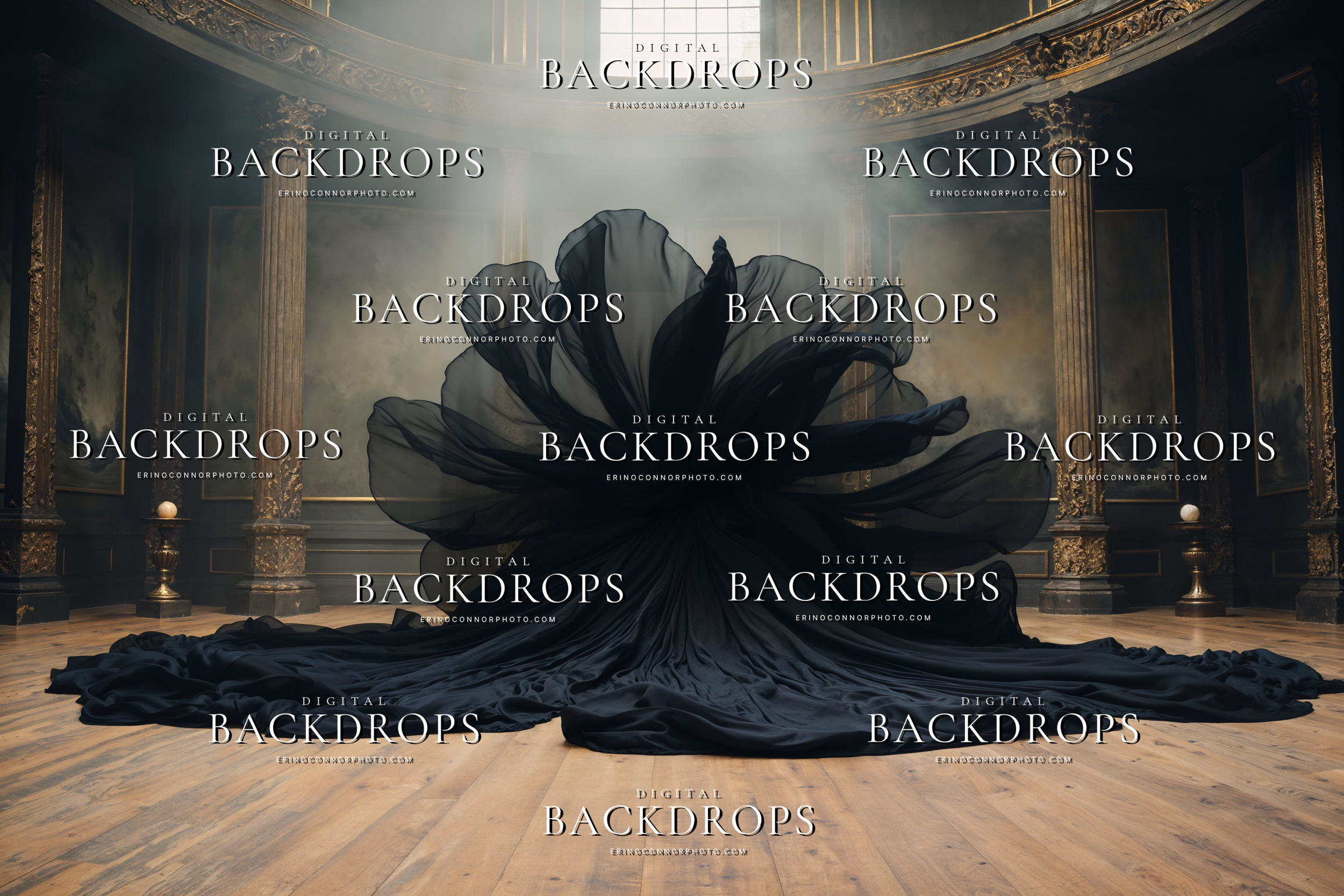 Moody black chiffon backdrop with sculptural organza folds spreading across a wooden floor in a grand editorial style interior.