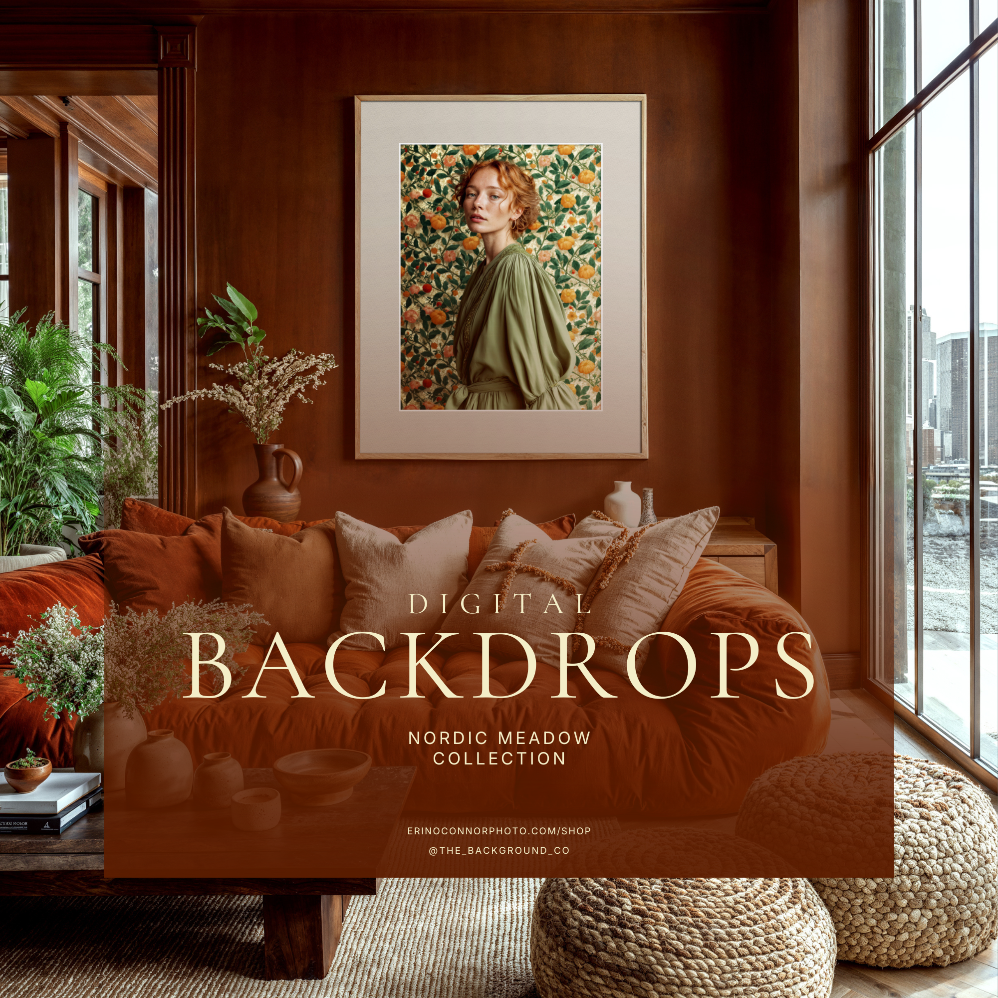 Room mockup: warm wood-paneled living room with rust velvet sofa and large framed print featuring Nordic Meadow botanical background portrait, wall art display for artists and photographers.