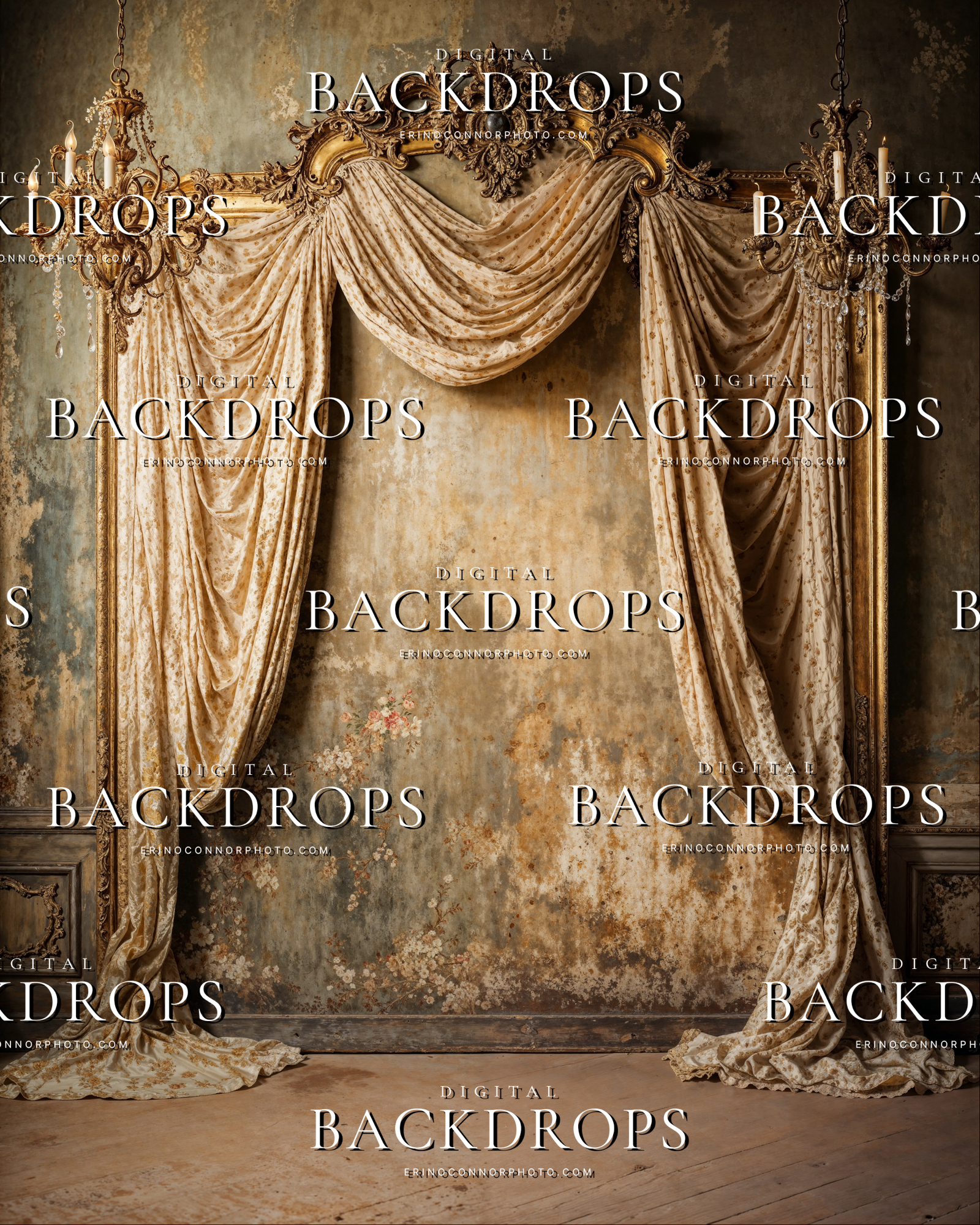 Gilded rococo arch background with patterned drapery, soft floral accents, and aged wall texture in warm bronze tones.
