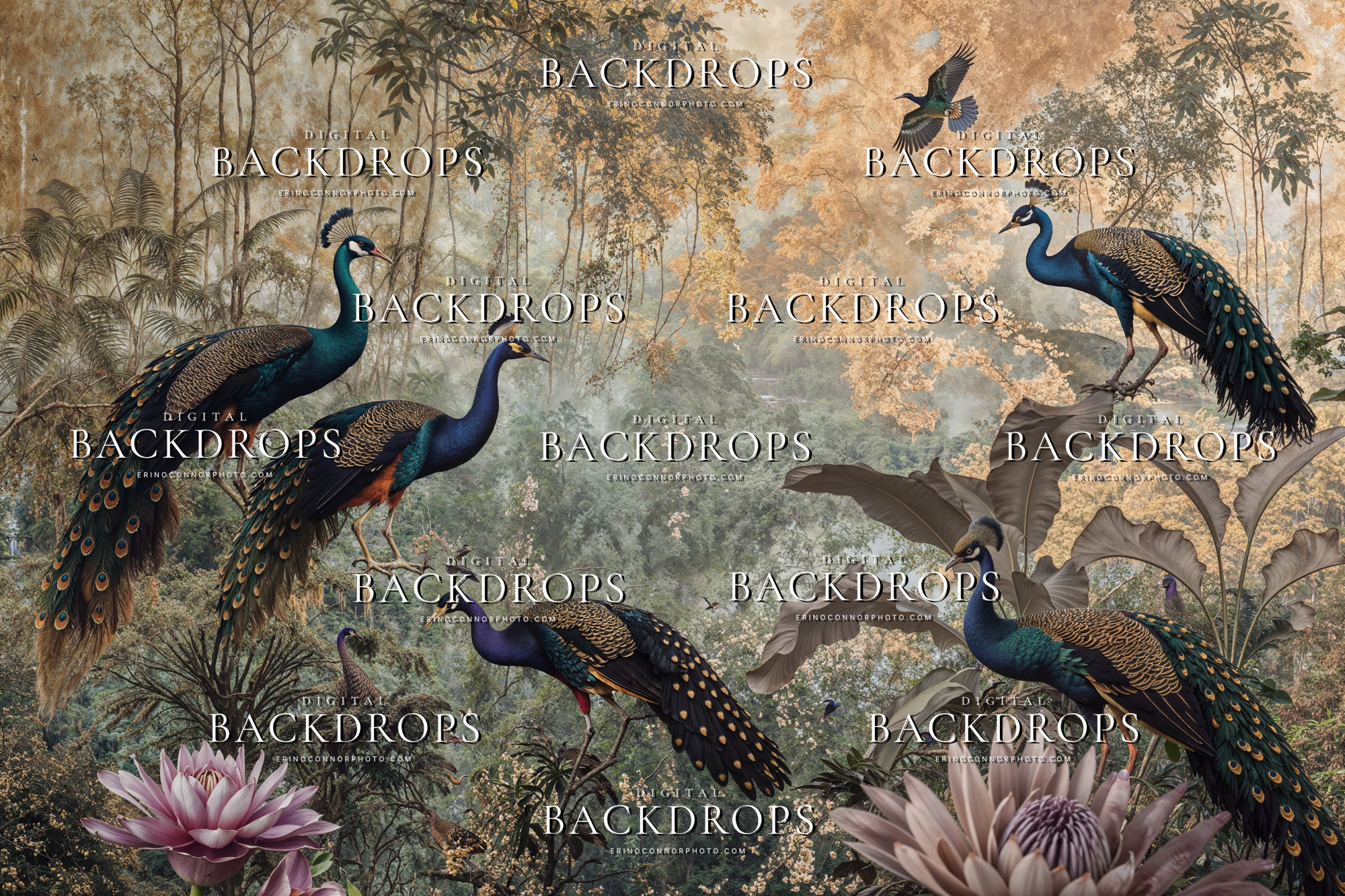 Aviary Botanicals Lotus and Feather, panoramic peacock valley digital backdrop, misty tropical forest layers, warm ivory sky, painterly depth.