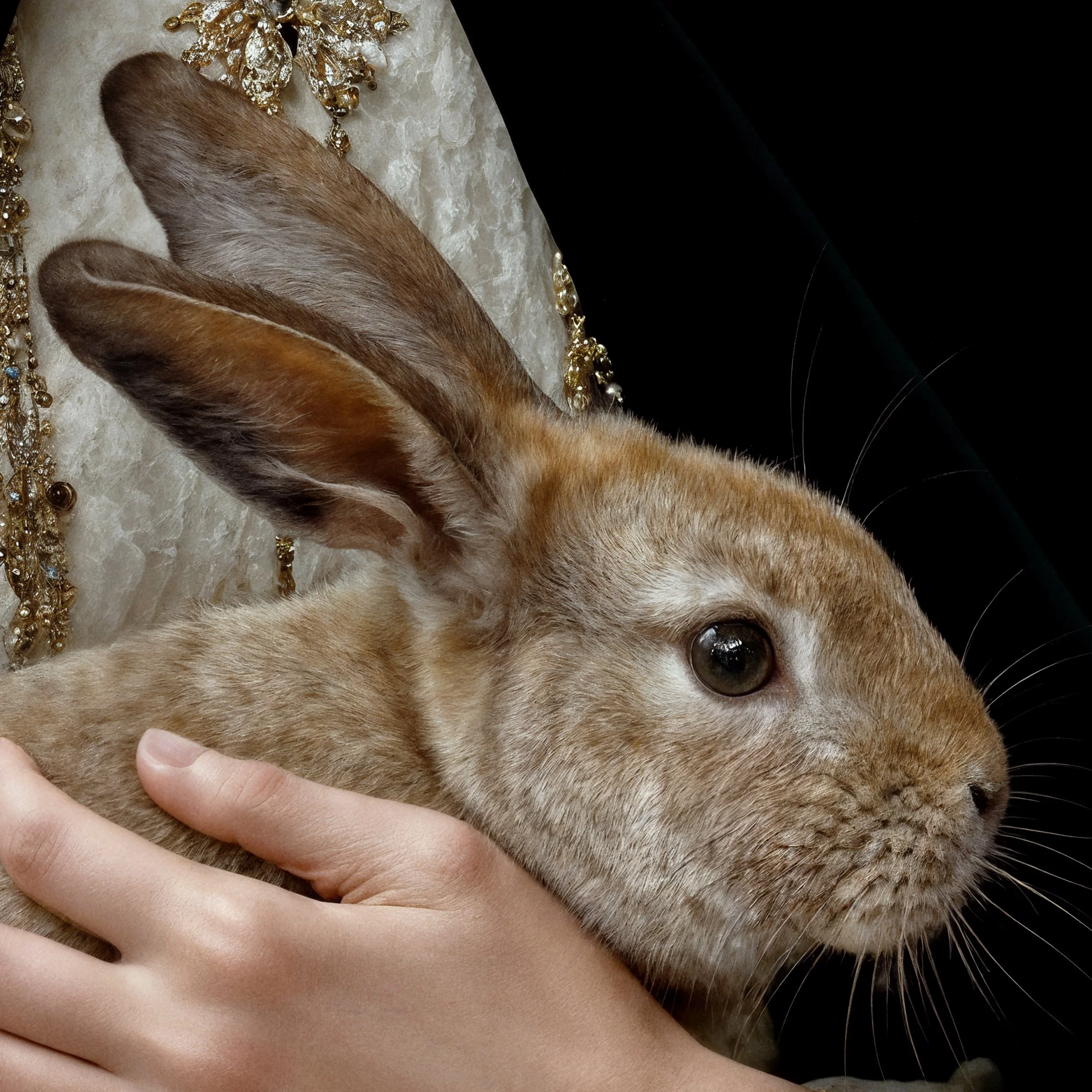 Close detail of the brown rabbit featured in Eira's narrative fine art portrait.