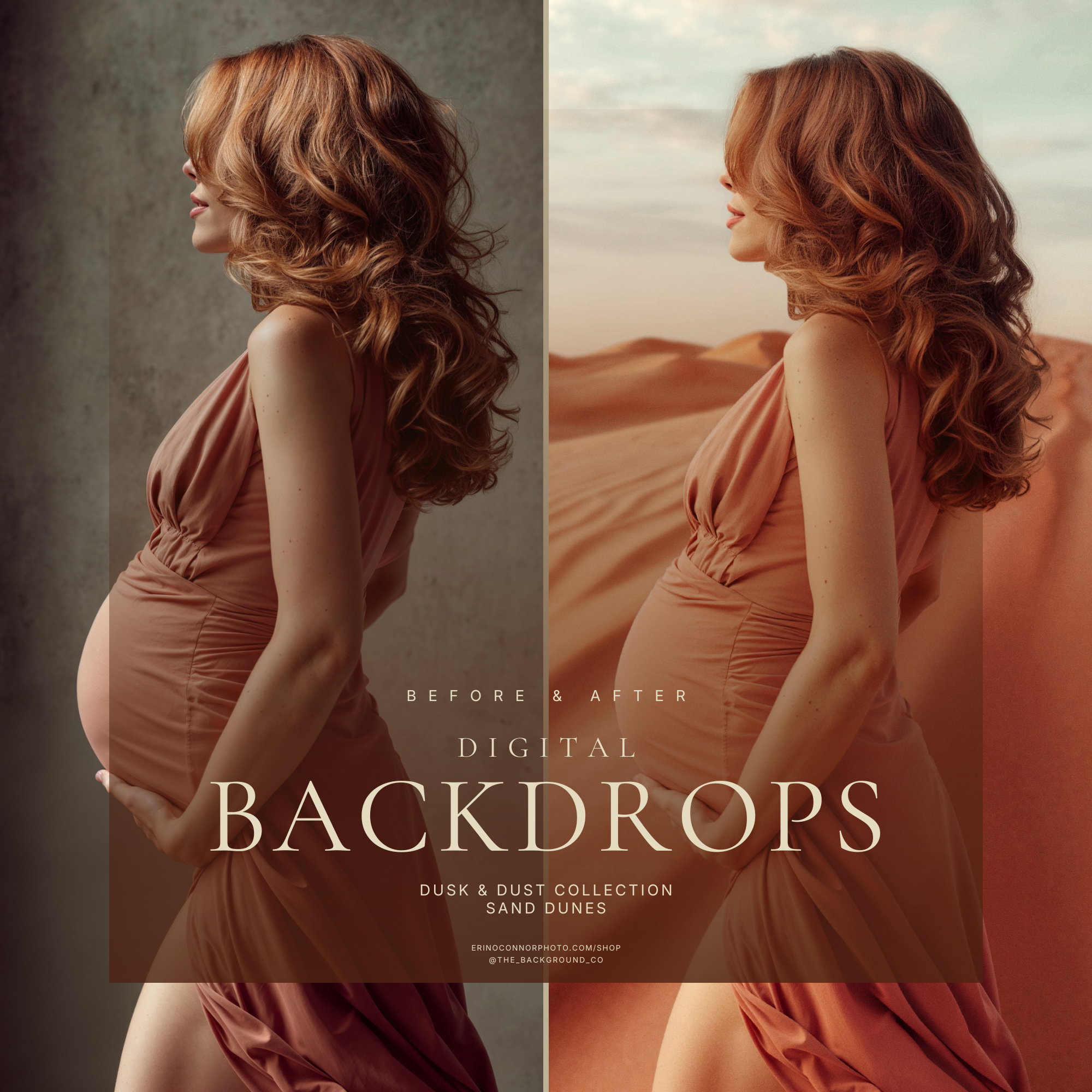 Before and after maternity composite showing a pregnant woman photographed in studio and placed into Sand Dunes: Dusk & Dust, a warm desert digital background with rippled dunes and pastel sky