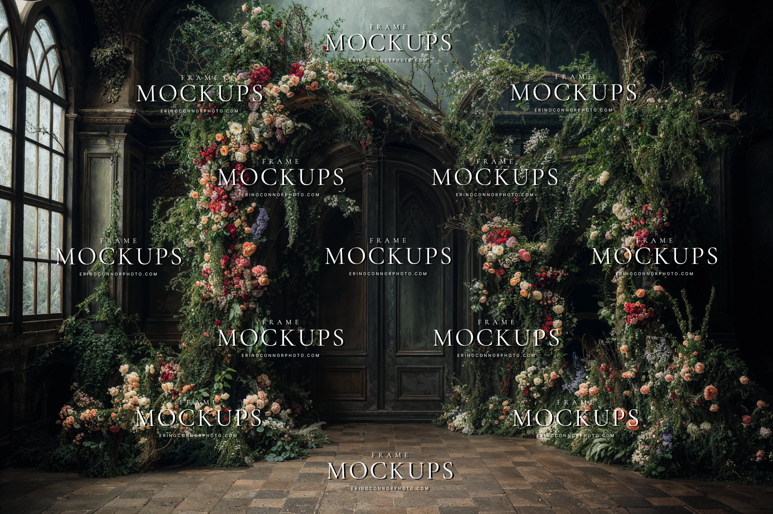 Dark floral arch digital background with overgrown greenery, soft coral blooms, and a shadowy vintage hall with romantic atmosphere.