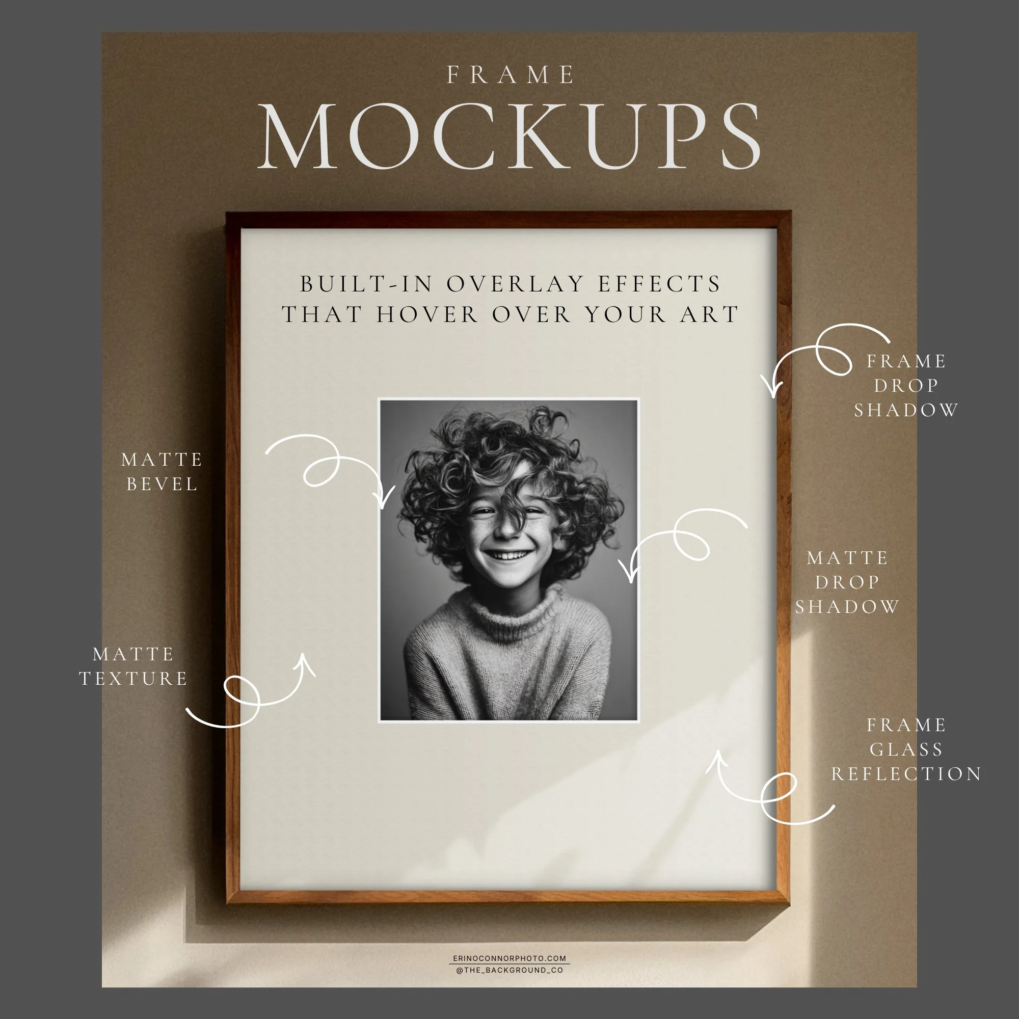 Frame mockup overlay effects preview showing matte texture and bevel, frame and matte drop shadows, and glass reflection, demonstrating realistic layered PSD effects that sit above your artwork.