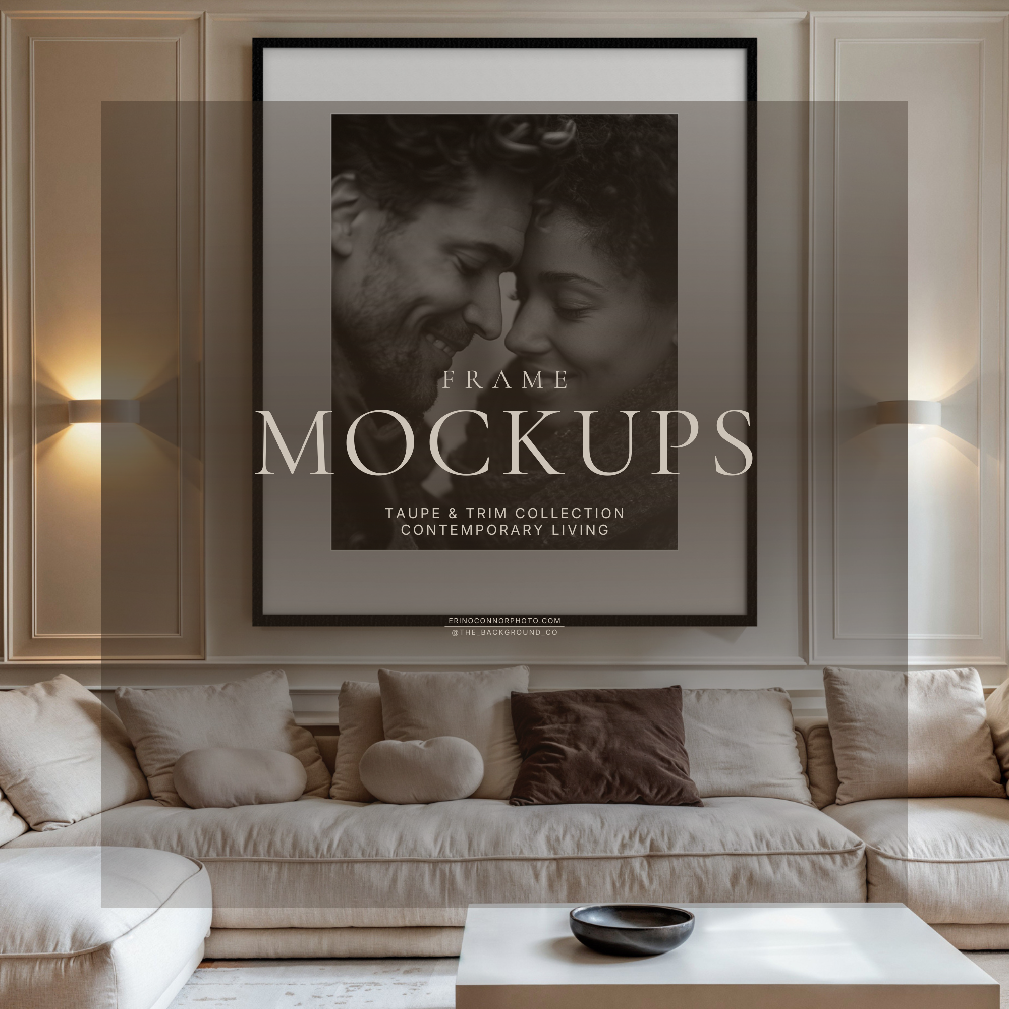 Close up wall art mockup showing oversized black frame with wide white mat over a neutral sofa, classic wall paneling, twin sconces, minimal coffee table, gallery style art display.