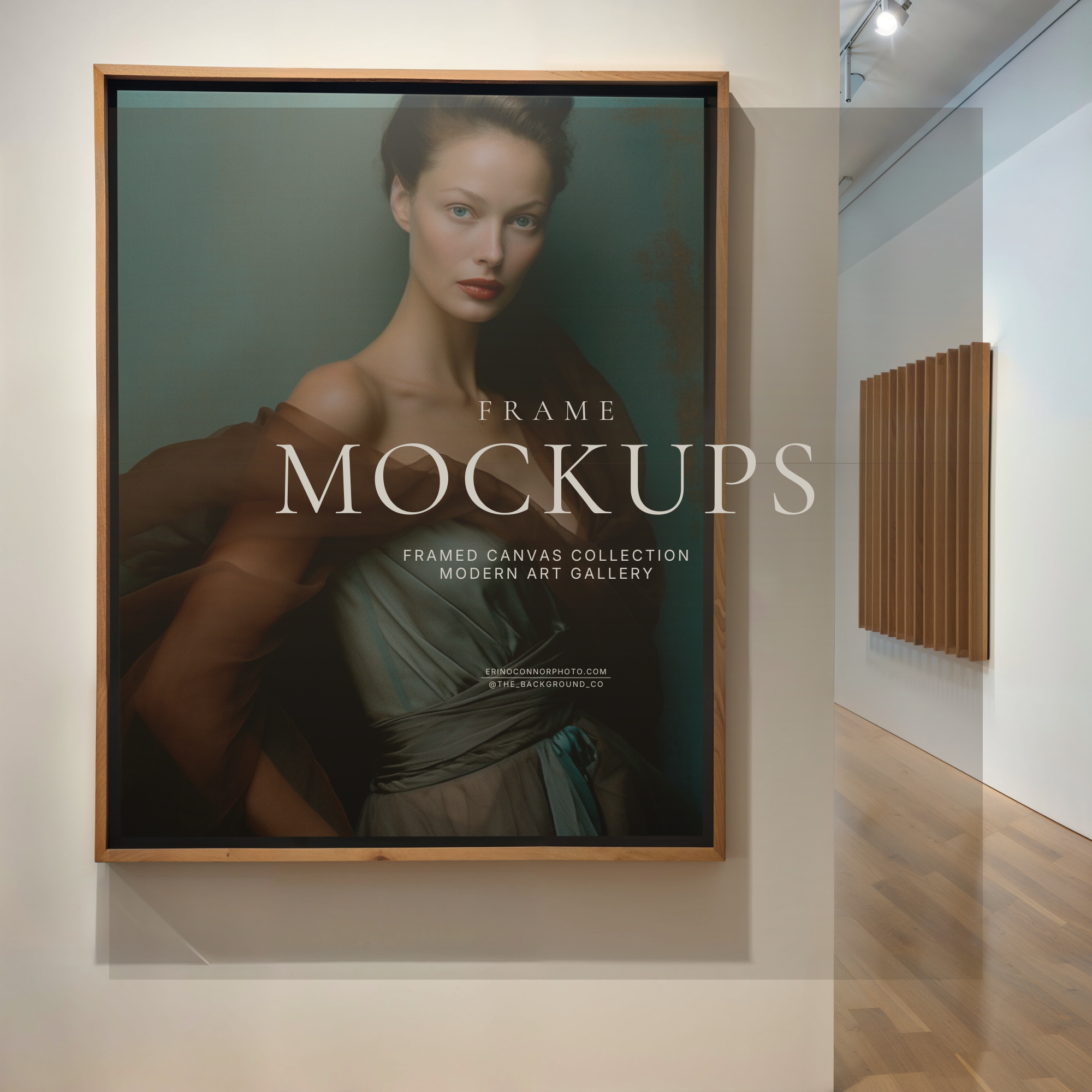 Modern art gallery framed canvas mockup with large portrait artwork, white wall, wood floor, and minimalist museum style presentation.
