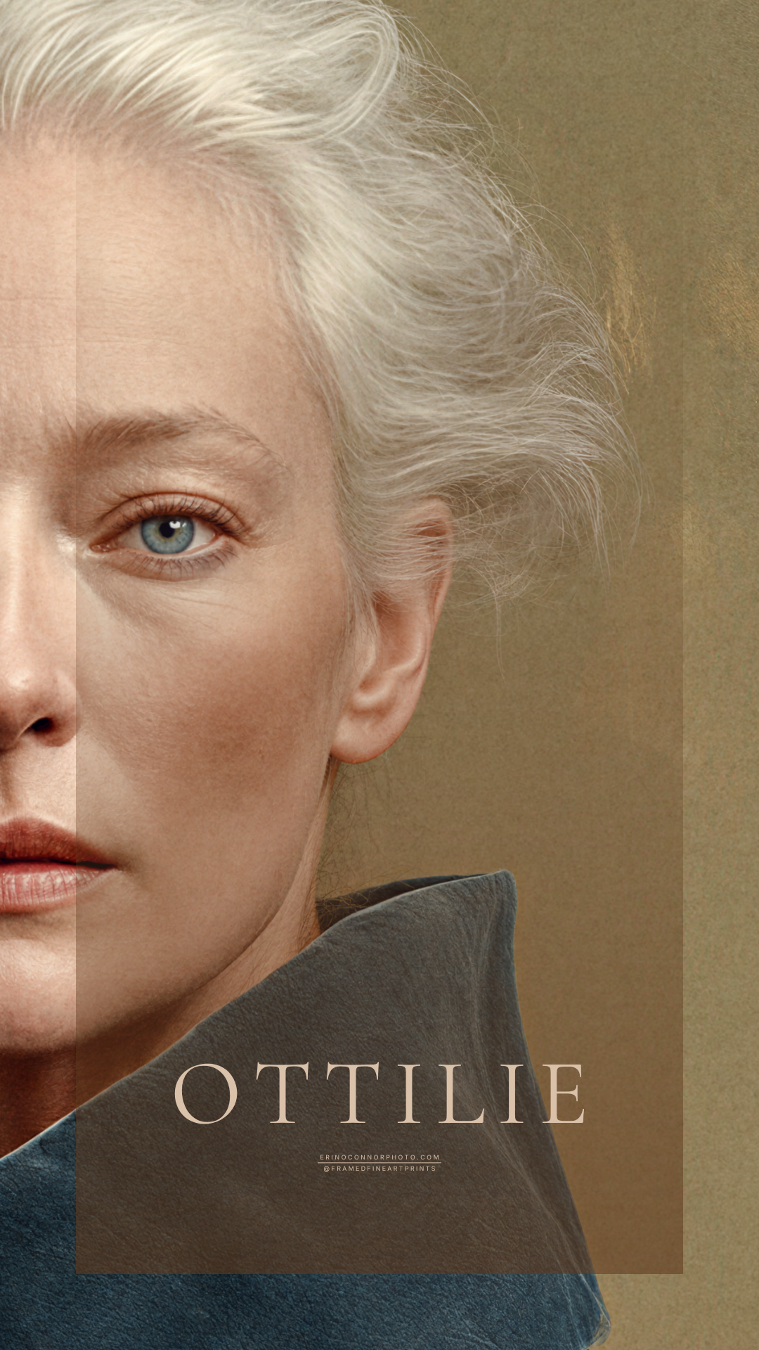 Close-up of Ottilie’s face with silver-white hair, blue eyes, and a high teal collar against a warm neutral background.
