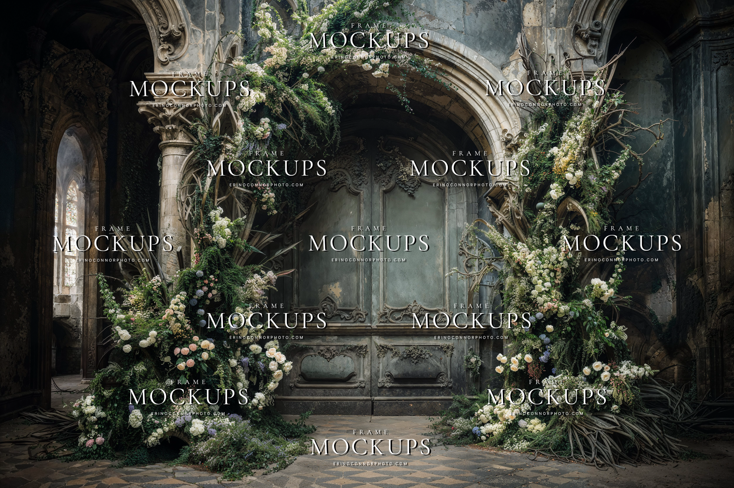 Vintage floral arch digital background with weathered stone walls, soft white blooms, trailing greenery, and a moody old world interior.