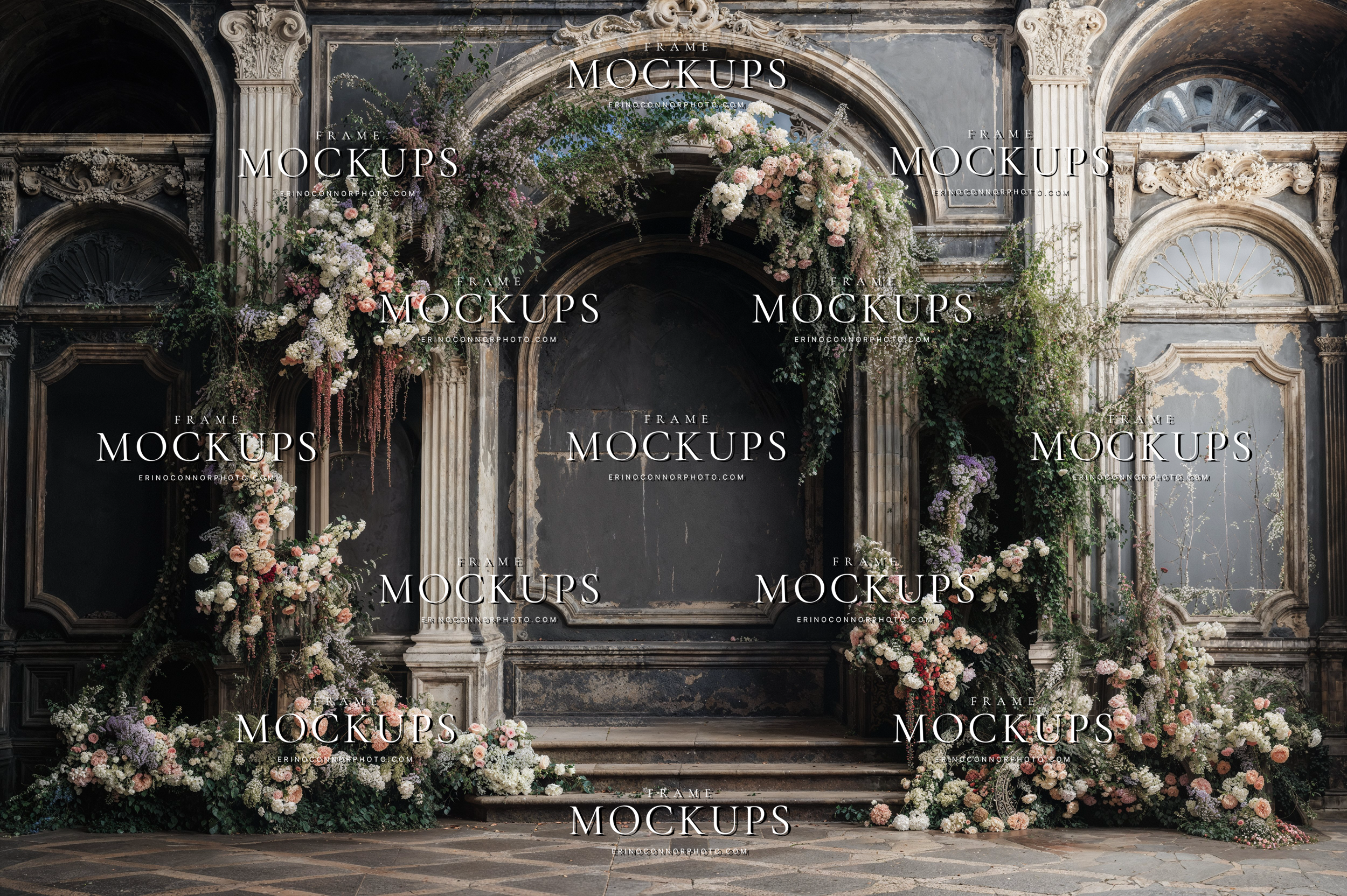 Vintage floral arch digital background with carved stone architecture, soft cream and blush flowers, and a centered old world staircase setting.