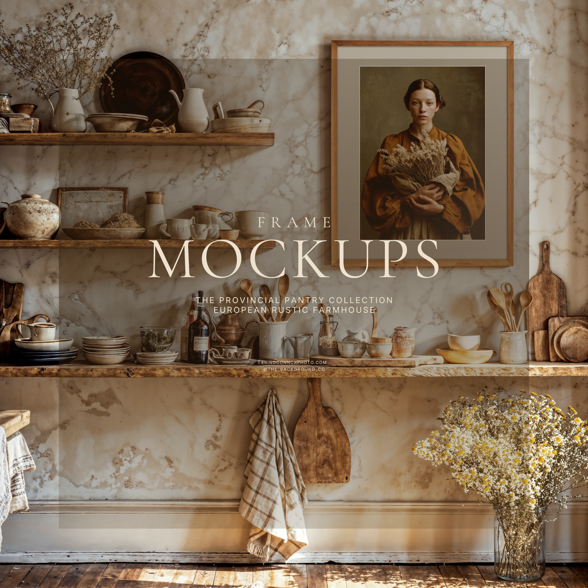 European farmhouse pantry wall art mockup with wooden shelves, pottery, and vintage kitchenware with a 4:5 portrait frame on textured plaster wall for photographers and artists selling prints.
