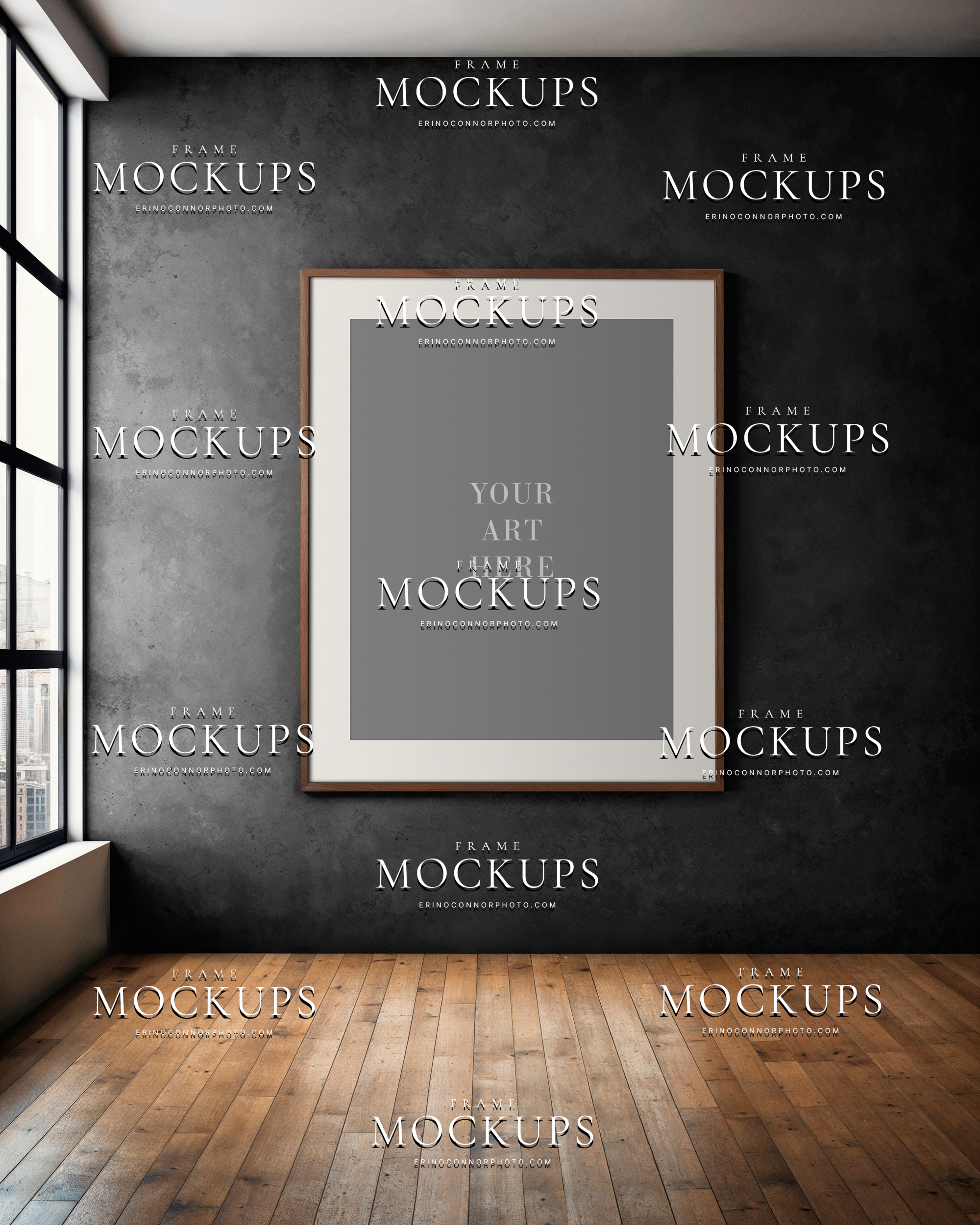 Empty vertical wall art mockup in a Japandi minimal interior with charcoal wall, warm wood floor, and soft natural light