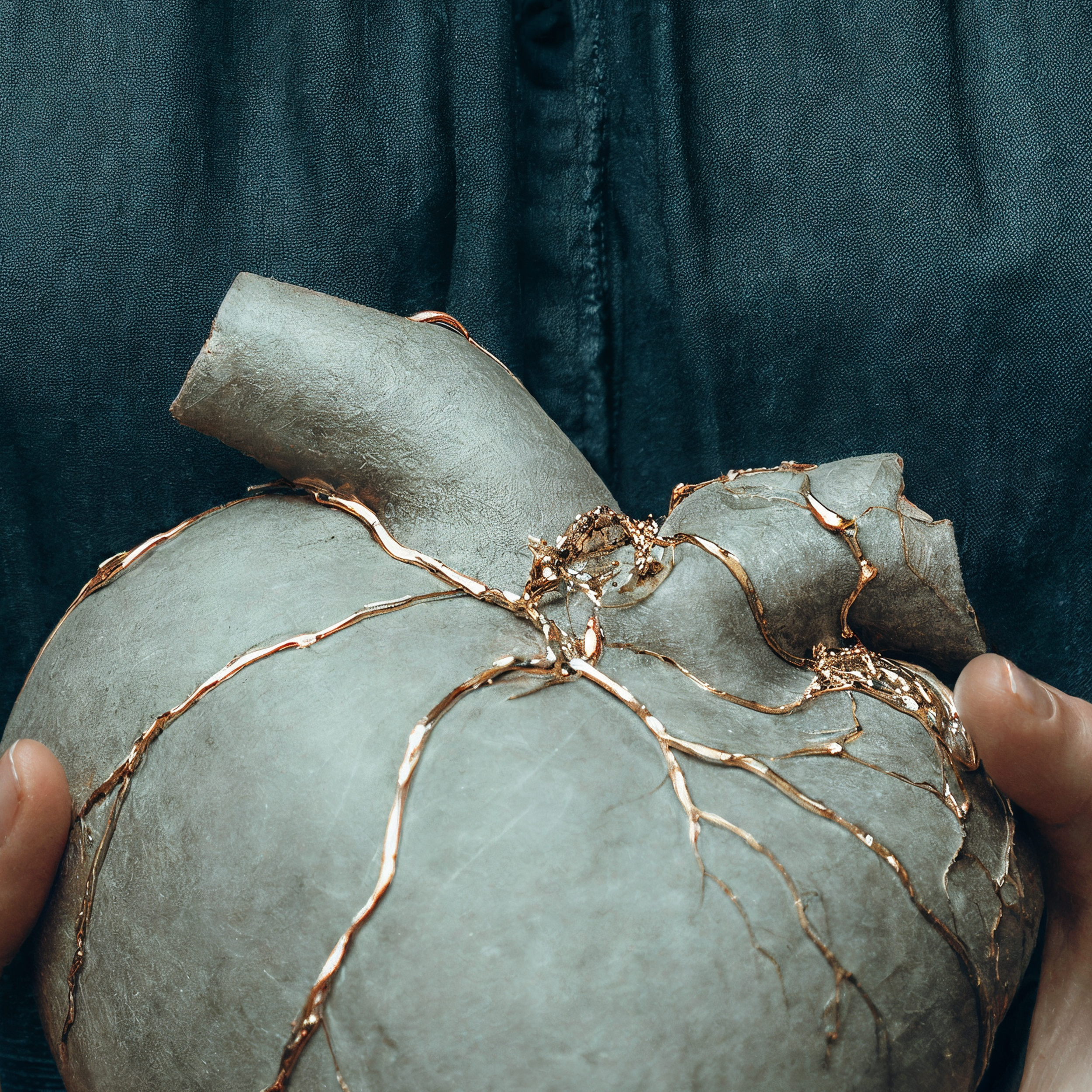 Close detail of the incomplete upper section of Sable's pale symbolic heart, intentionally left unreconstructed.