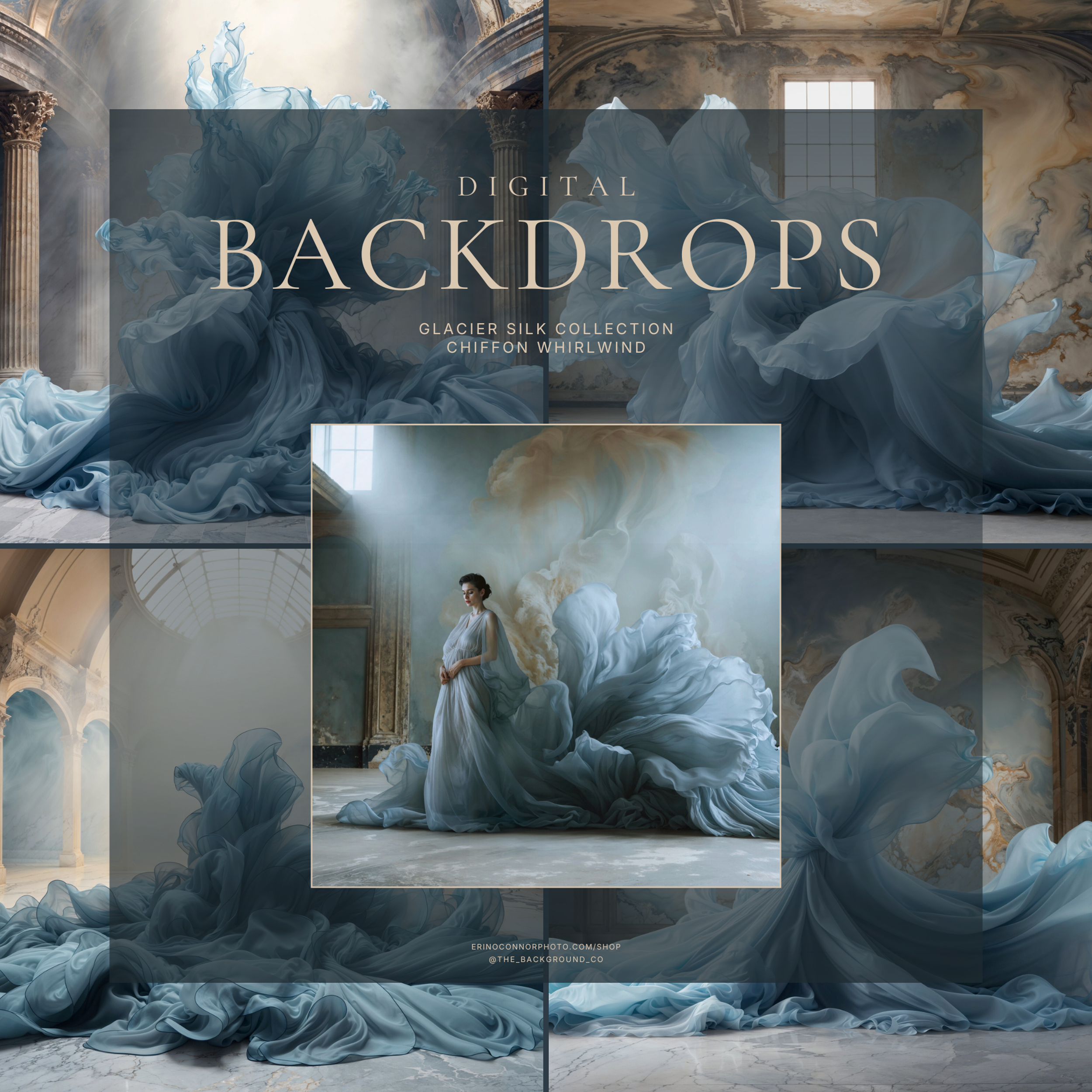 Collection card for Chiffon Whirlwind: Glacier Silk, featuring icy blue chiffon digital backgrounds and a maternity composite in a grand interior.