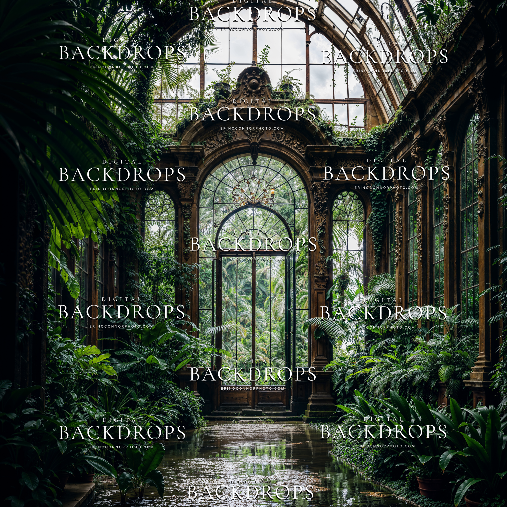 Arched greenhouse passage with glass roof, dense botanicals, and reflective waterway leading to a garden view, Palace Greenhouse: Emerald Conservatory digital backdrop.