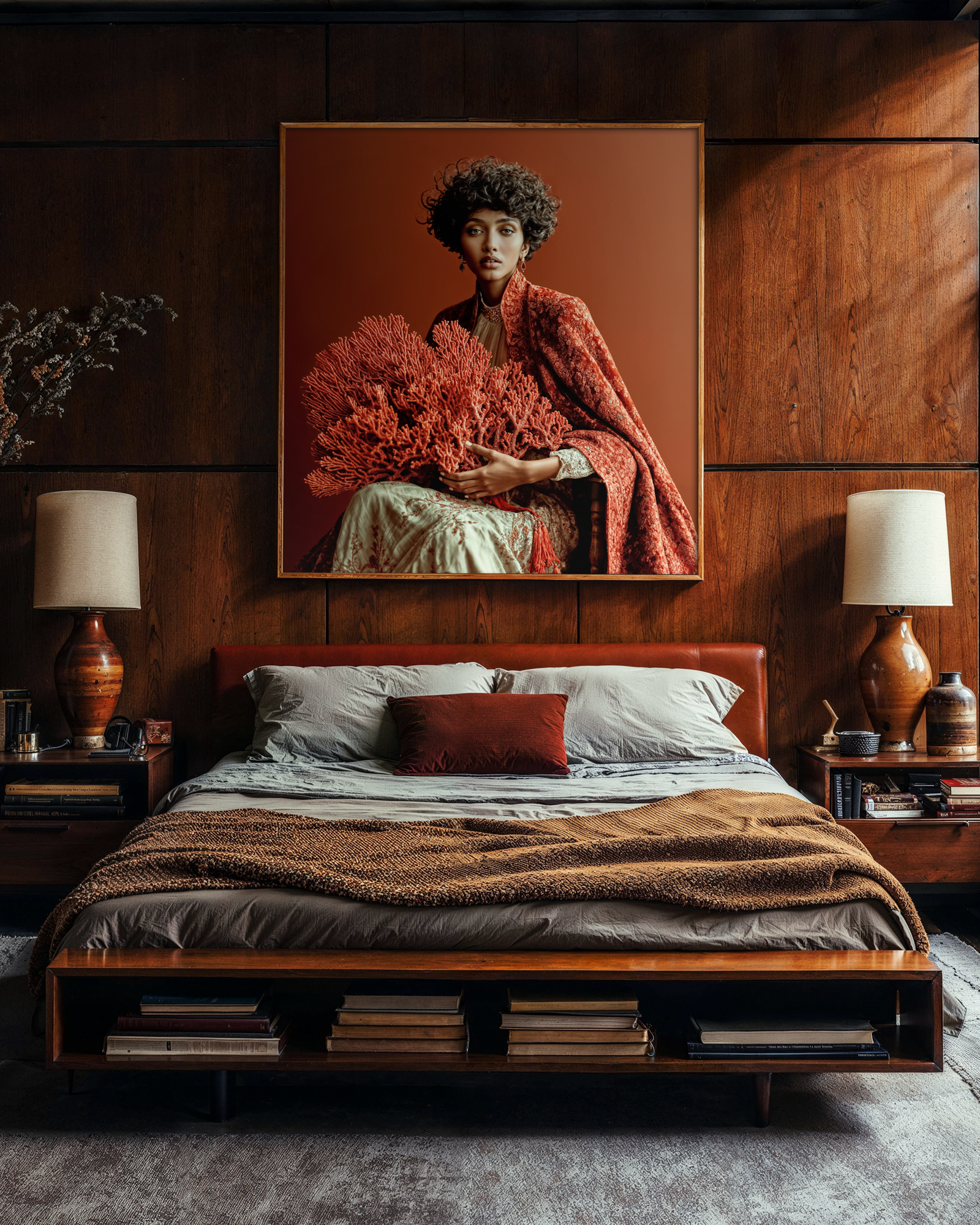 Large framed Kavya fine art portrait displayed above a bed in a warm wood-paneled bedroom.