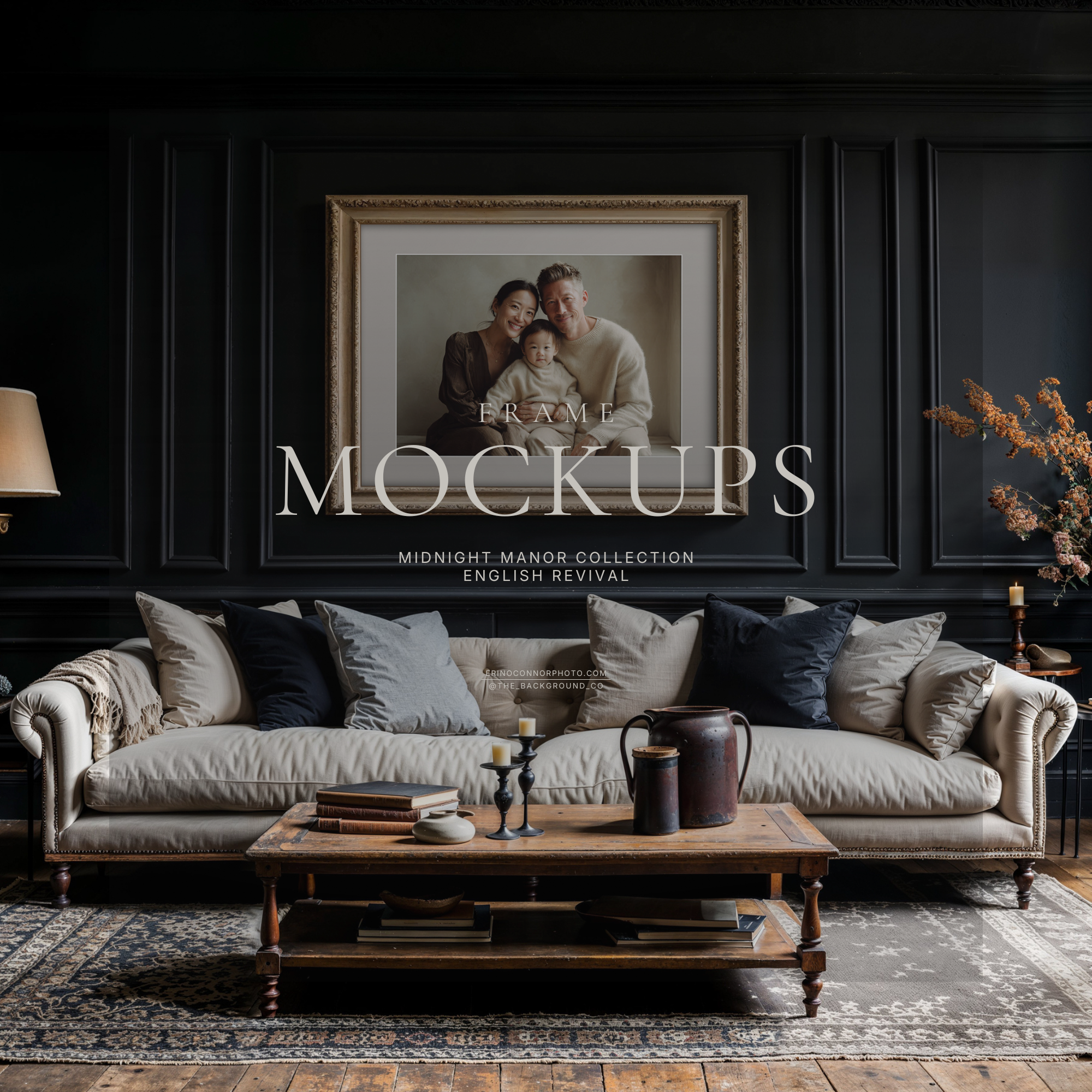 Classic English interior frame mockup with family portrait artwork, black paneled walls, and moody living room styling for photographers and artists selling prints.