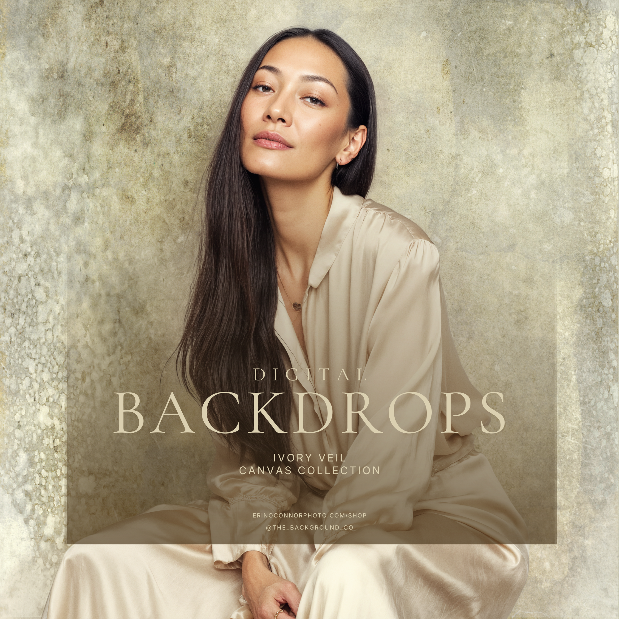 Woman portrait example on Ivory Veil digital canvas backdrop, soft ivory and beige painterly texture; maternity, fine art and editorial portrait background.