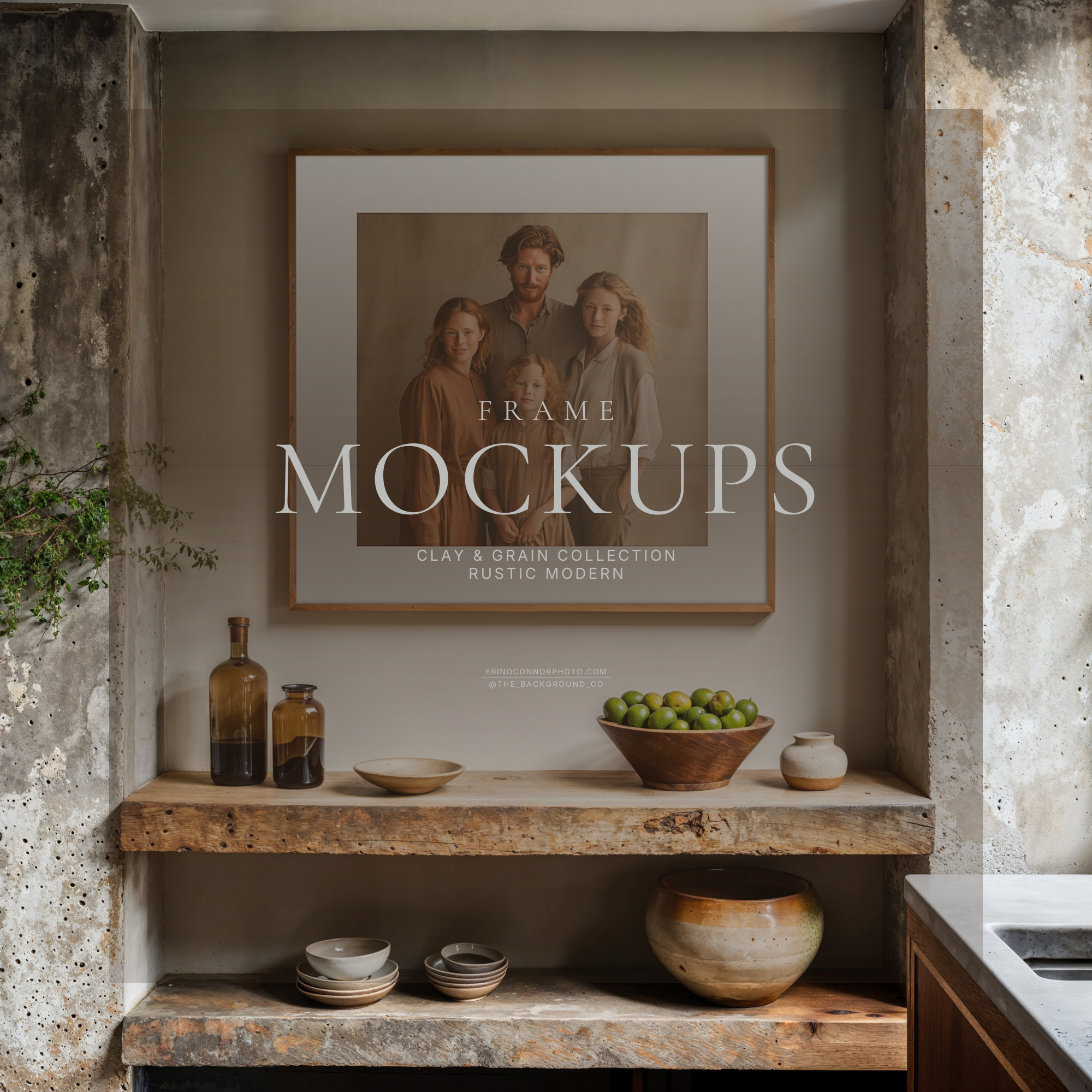 Rustic Modern Clay and Grain frame mockup, square wood frame with white mat above a reclaimed wood shelf in an industrial kitchen, concrete columns, window light, for artwork and photo display.