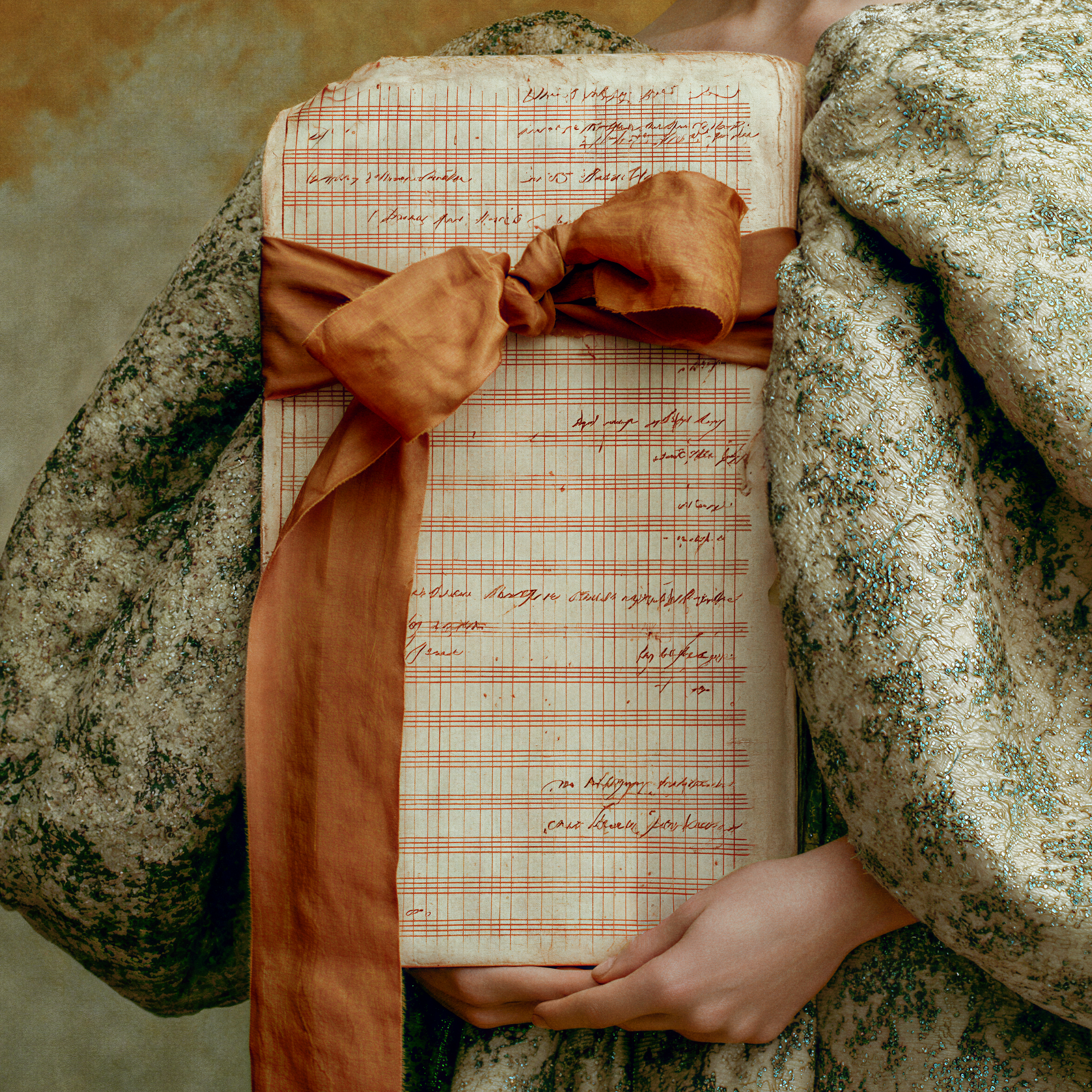 Close-up of aged ledger pages with handwritten markings and a copper ribbon from the Sidonie fine art portrait.