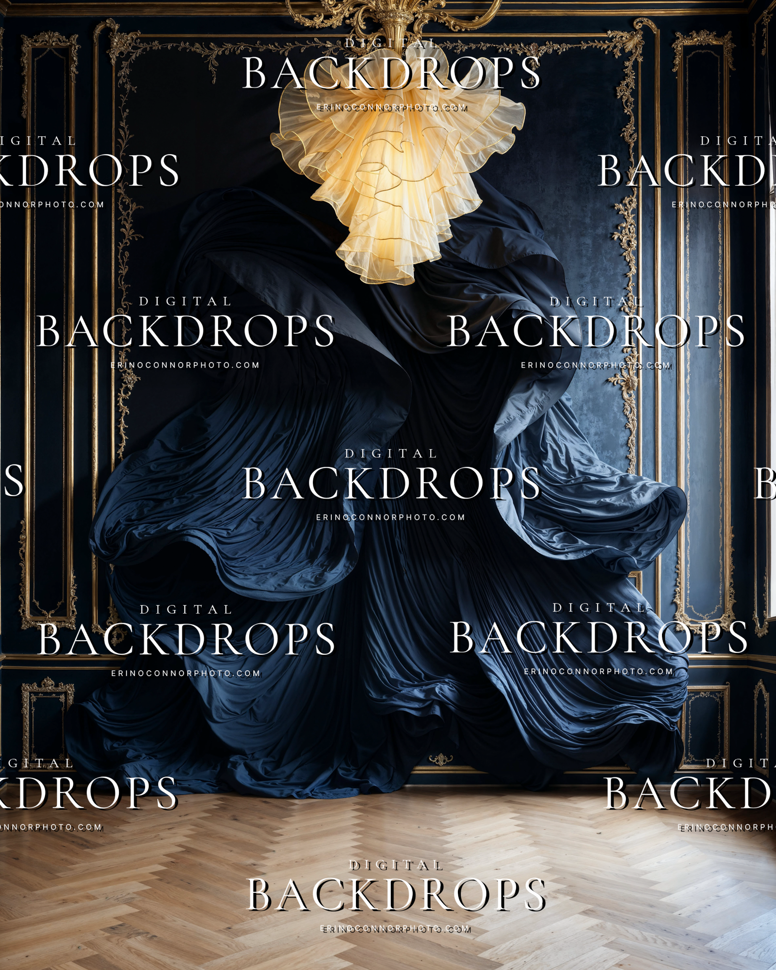Dark parlor digital background with flowing navy silk, brass trim, and a soft gold pendant detail for editorial portrait composites.