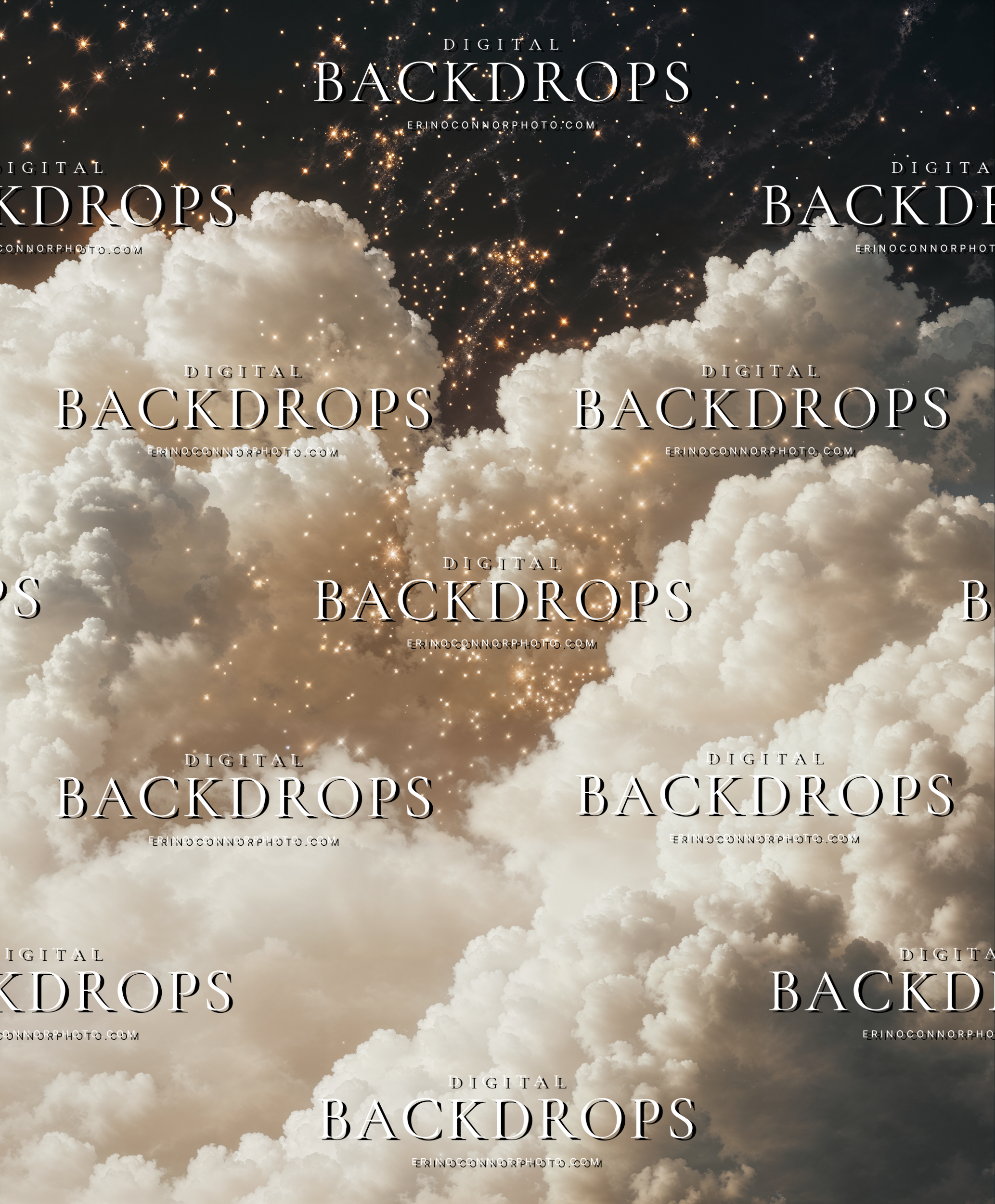 Dreamy midnight cloud background with ivory clouds and dense golden starlight for dramatic portrait composites and fantasy photography.