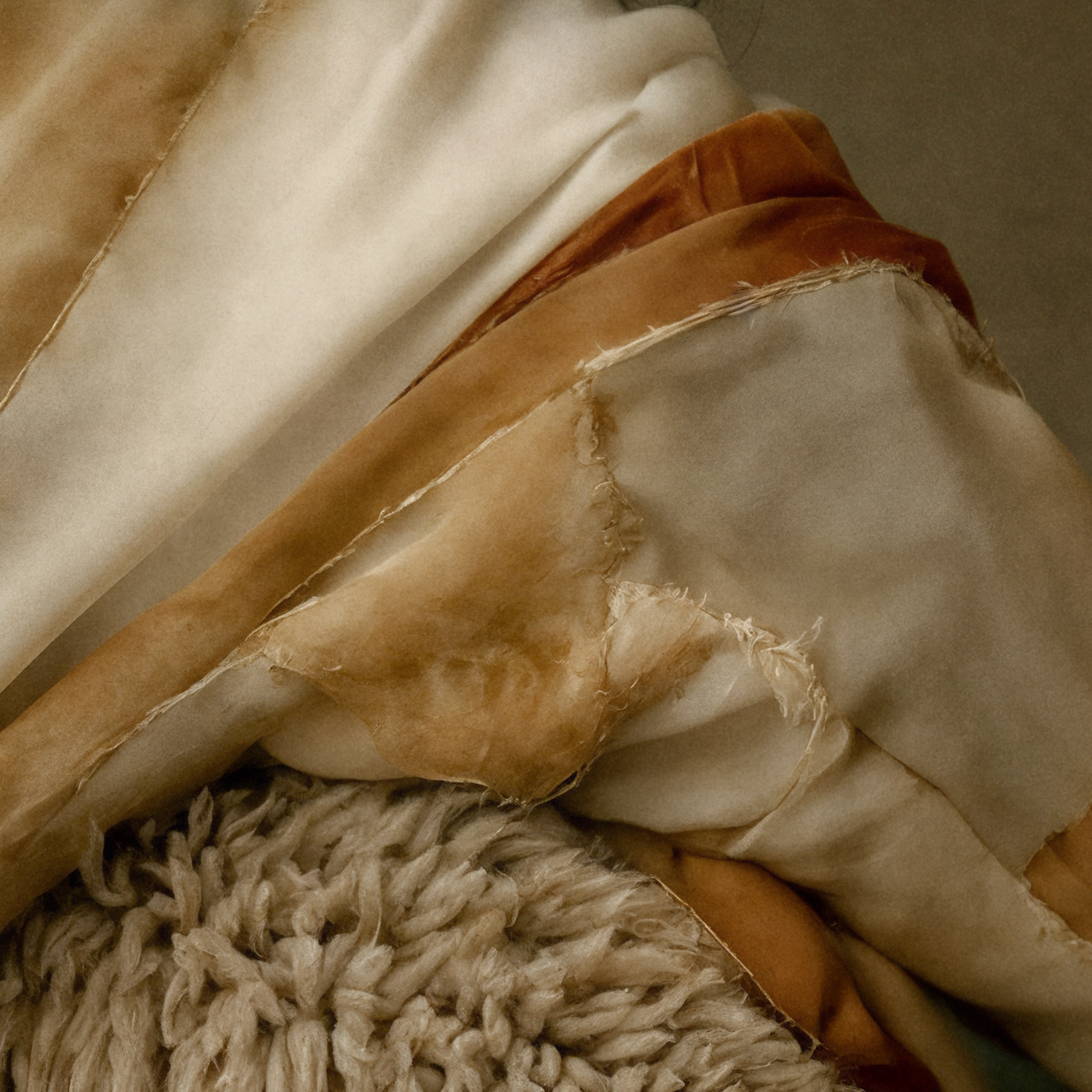 Close detail of subtle cartographic stitching suggesting waterways and topographic lines within Simone’s layered garment.