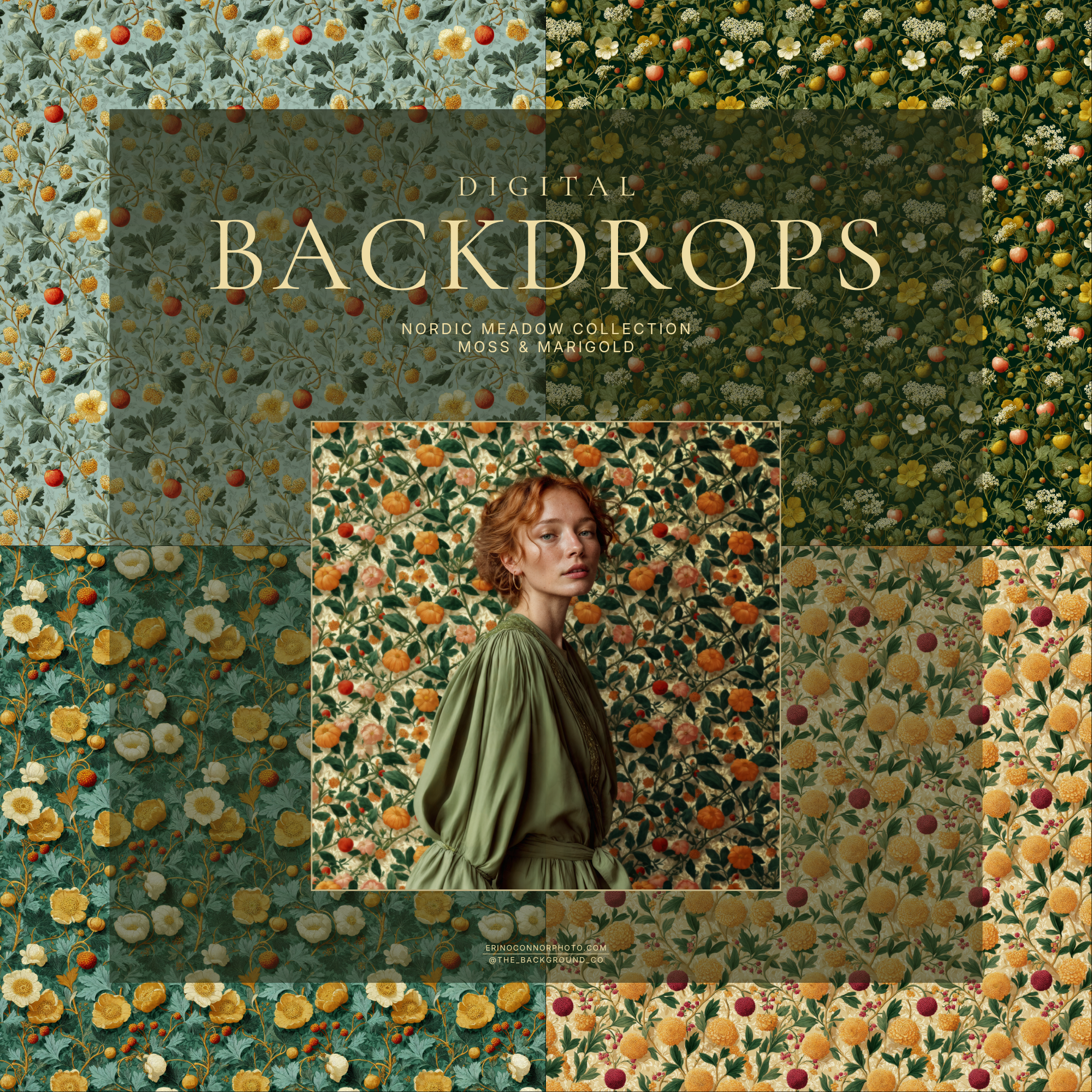 Nordic Meadow Moss & Marigold digital backgrounds collage, six Scandinavian botanical patterns with portrait composite center, high resolution square JPEGs.