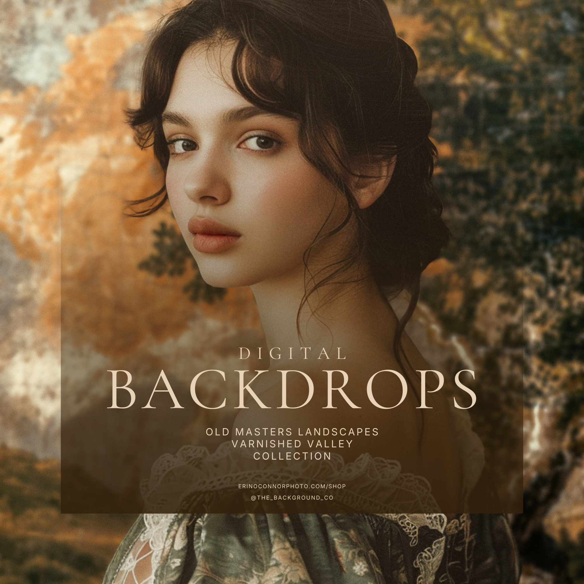 Old Masters Varnished Valleys composite portrait: soft fine-art woman against a varnished old master landscape; Photoshop/Photopea background replacement for fantasy, maternity, portraits.