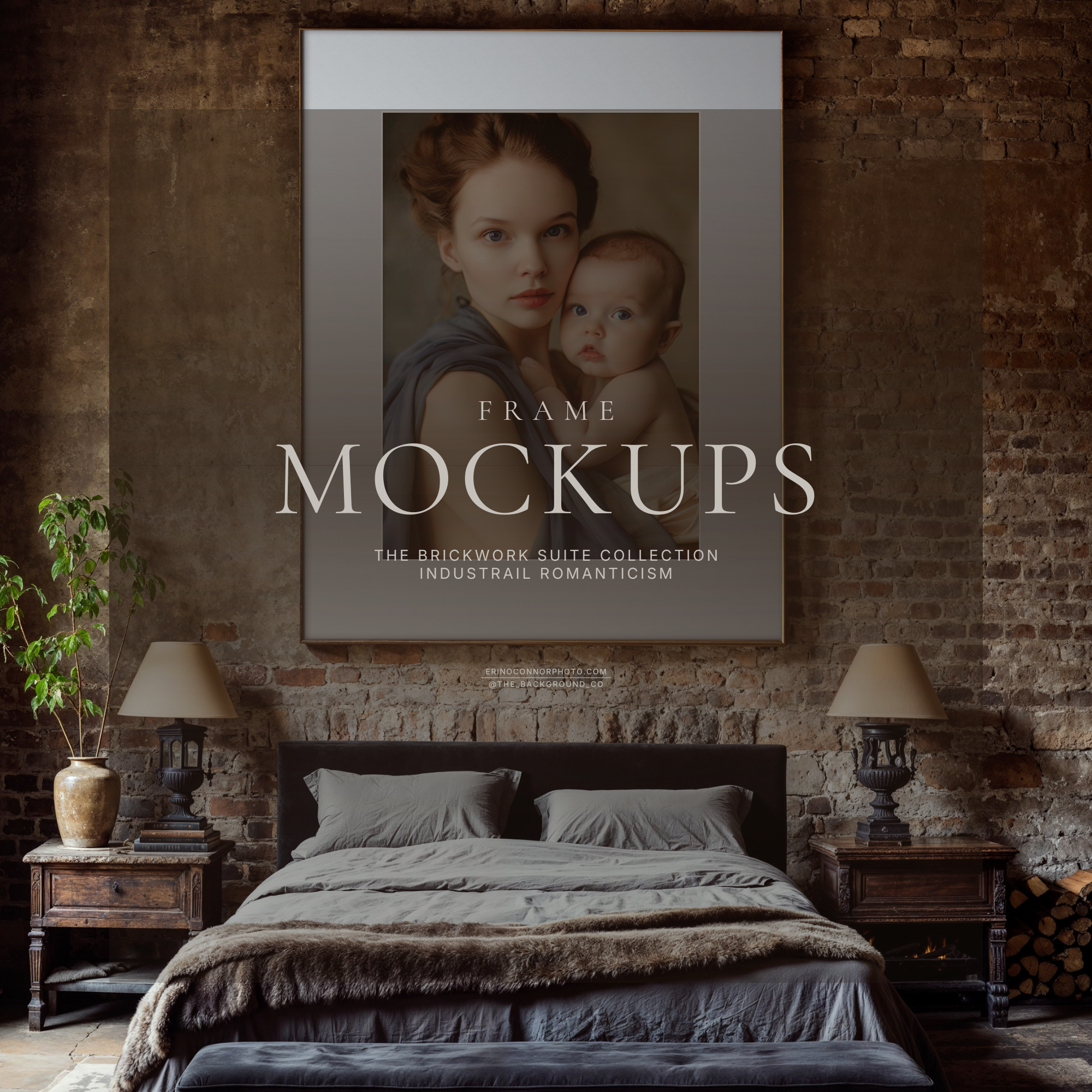 Industrial Romanticism bedroom mockup with exposed brick and plaster walls, dark bed, rustic bench, and a large framed wall art print with wide matte above the headboard.