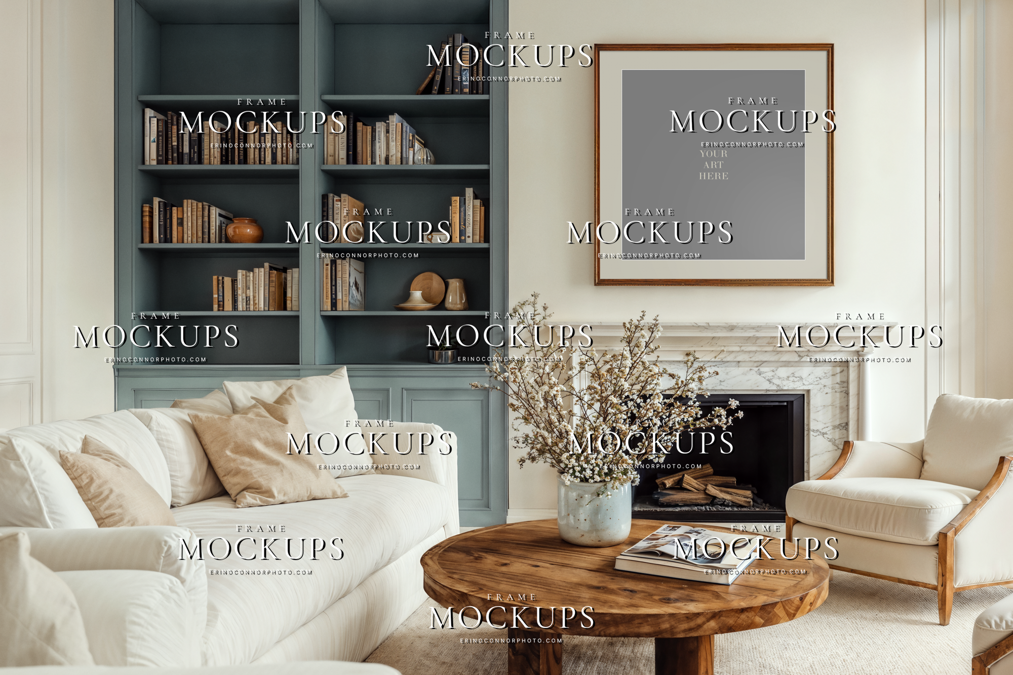 Transitional living room wall art mockup with built-in shelves, fireplace, sofa, and framed artwork above mantel designed for photographers and artists selling prints online.