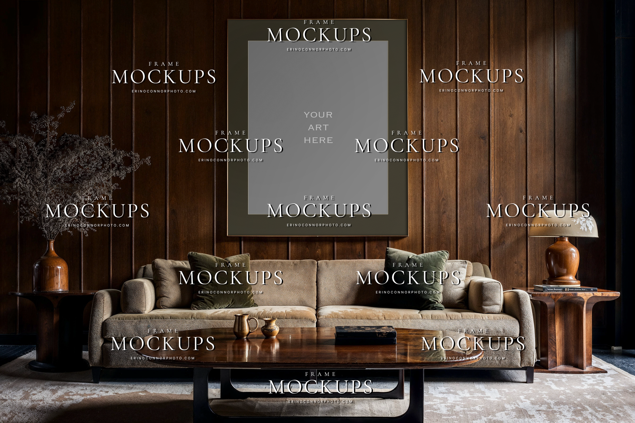 Midcentury Modern vertical frame mockup above a tailored sofa with walnut paneled walls, sculptural wood coffee table, olive accents, and warm ambient light