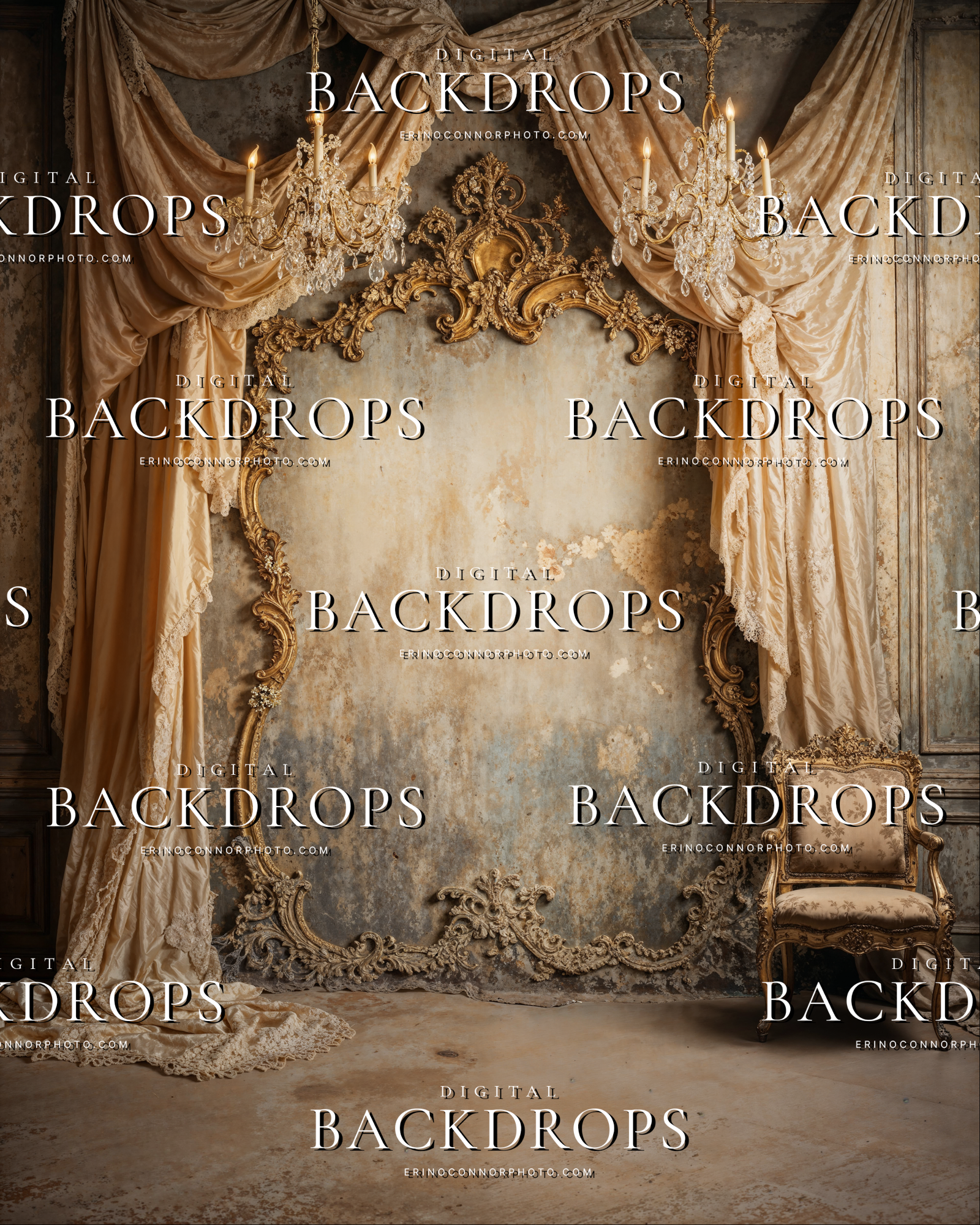 Vintage salon digital background with heavy gathered drapery, chandelier, and weathered buttercream wall for editorial composites.