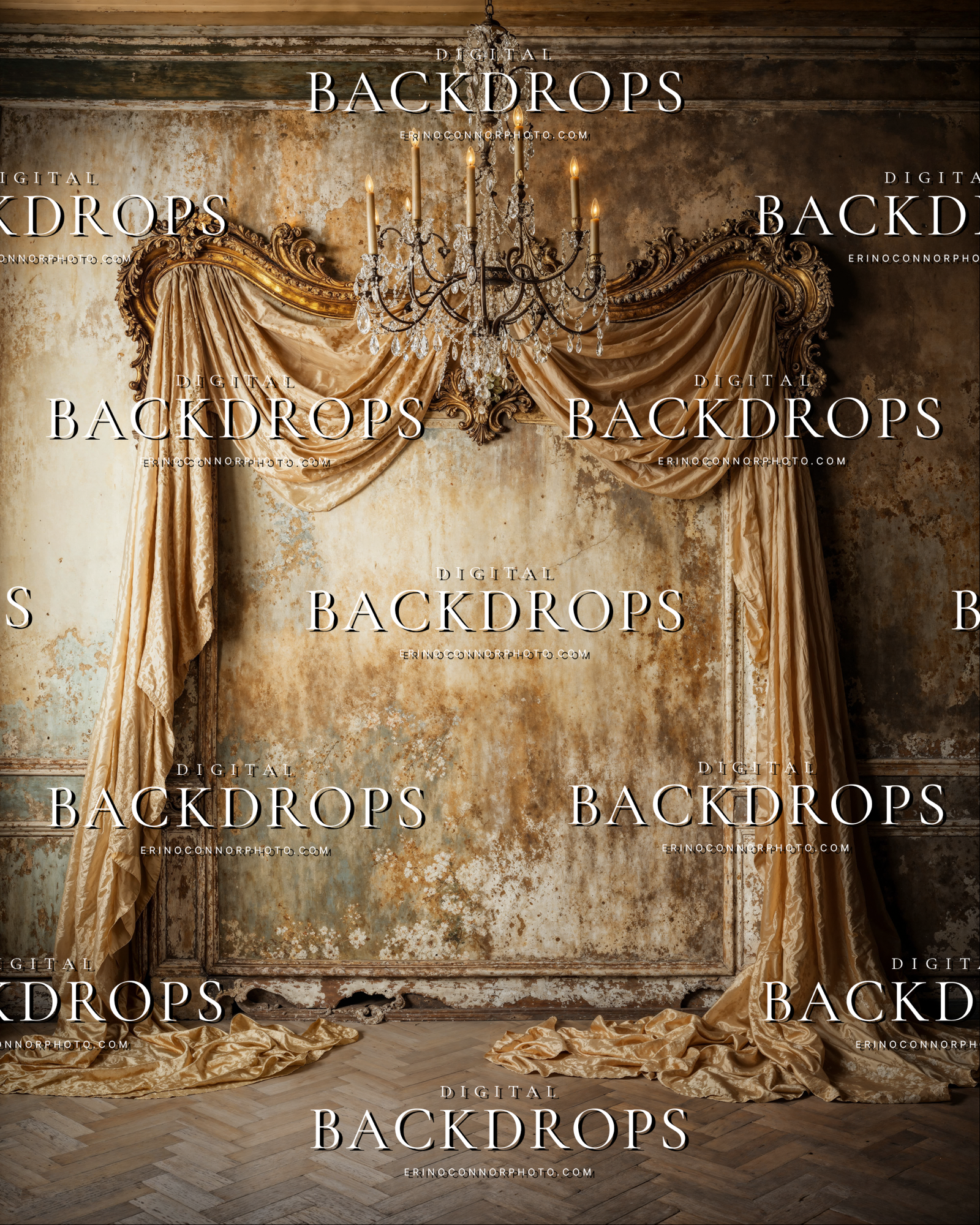 Antique gold rococo frame digital background with soft drapery and worn wall texture in a romantic old world interior.