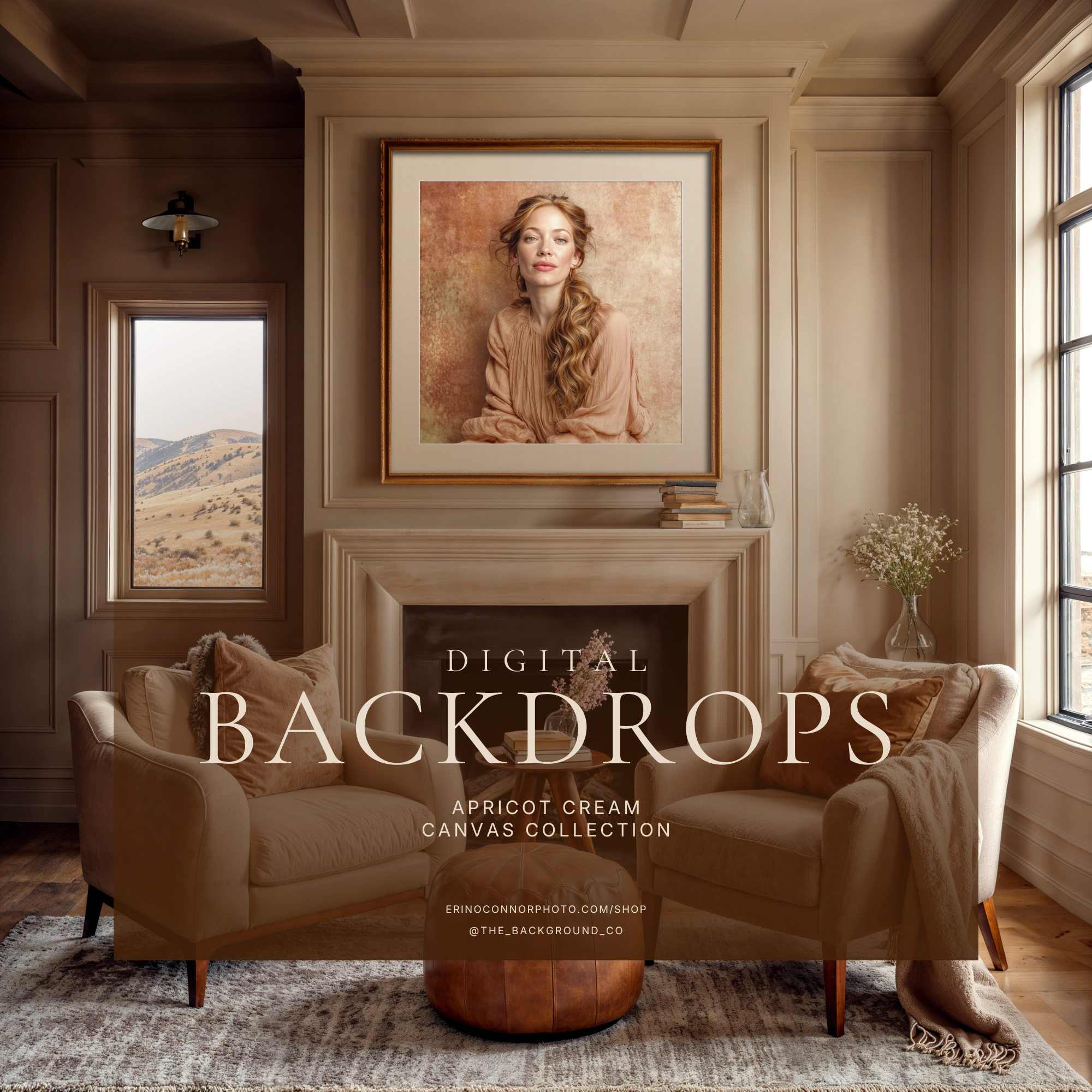 Room mockup example: framed portrait displayed above fireplace in neutral living room, showing Apricot Cream digital canvas background used as wall art print presentation.