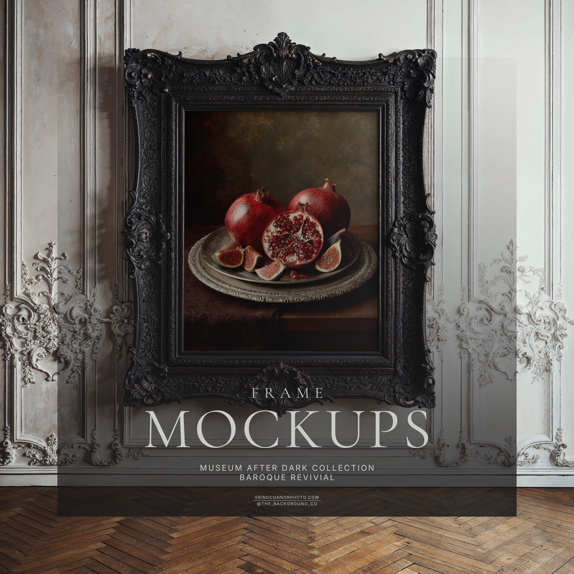 Black ornate vintage frame mockup on distressed white French wall with ornate mouldings and parquet floor, blank art area for posters, photos, and fine art prints.