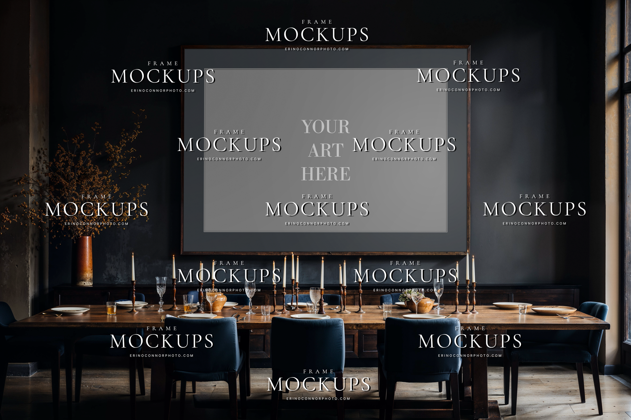 Empty modern traditional mockup with oversized horizontal frame above a candlelit dining table, dark paneled walls, and an atmospheric formal dining room setting.