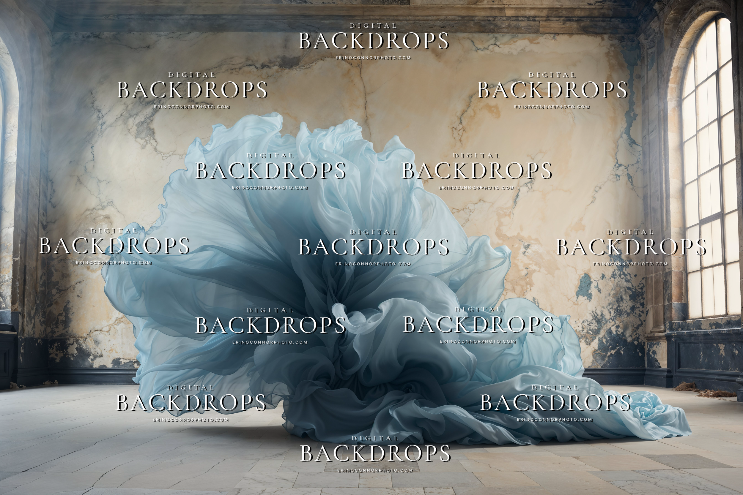 Sculptural blue chiffon bloom against a weathered marble wall in a softly lit grand room, digital background for fantasy and portrait photography.