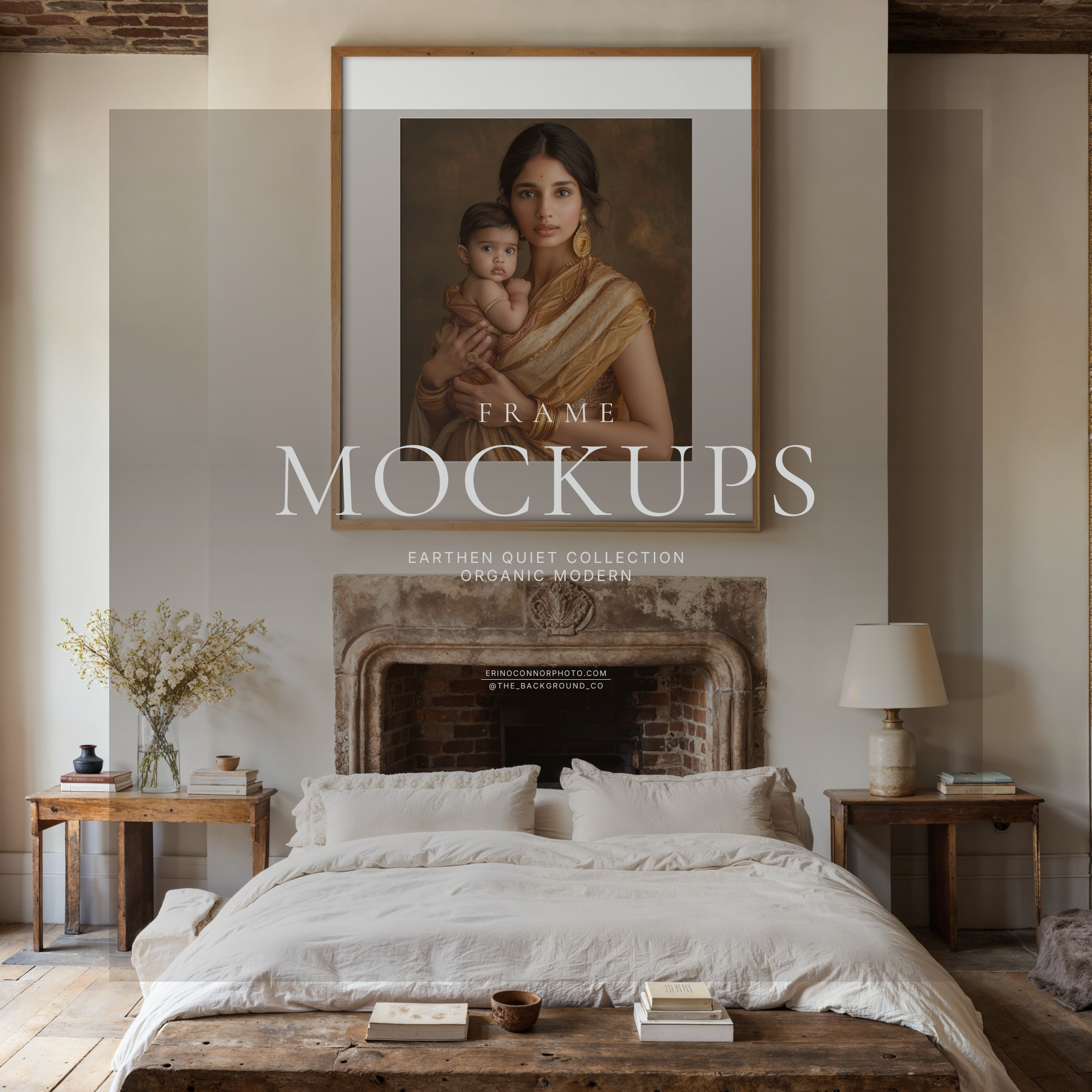 Rustic white bedroom mockup with exposed brick ceiling, antique stone fireplace, white linen bed, large oak frame with mat above fireplace for artwork display.