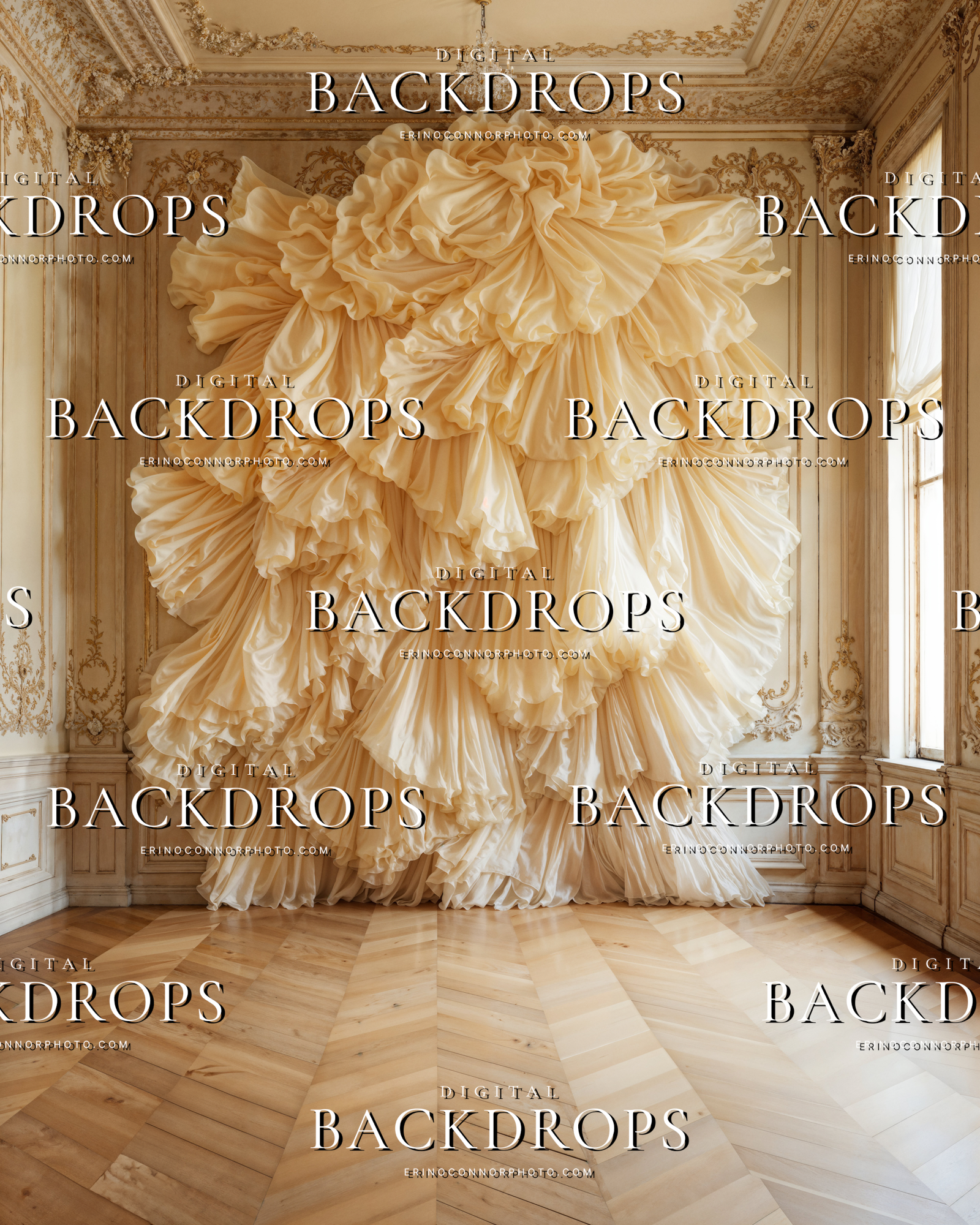 Champagne ivory draped backdrop with layered silk ruffles in a light French style room for romantic portrait and editorial composites.