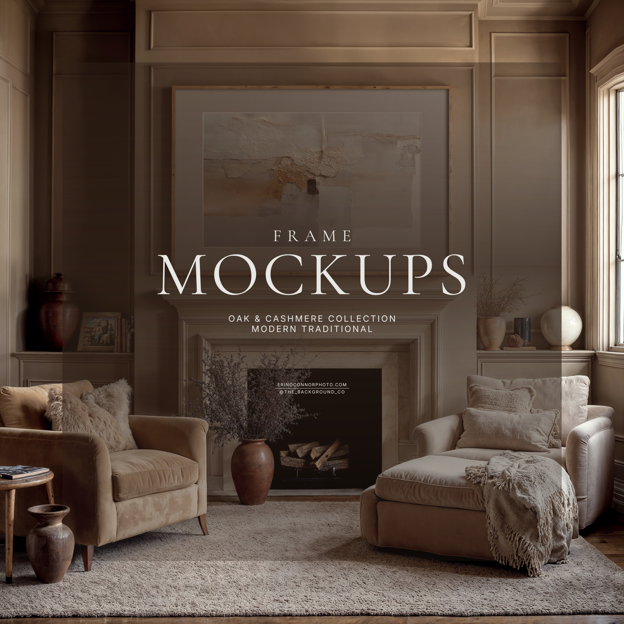 Warm neutral modern traditional room mockup with paneled walls and centered fireplace, featuring a large horizontal gold frame with wide white matte above the mantel for realistic art previews.