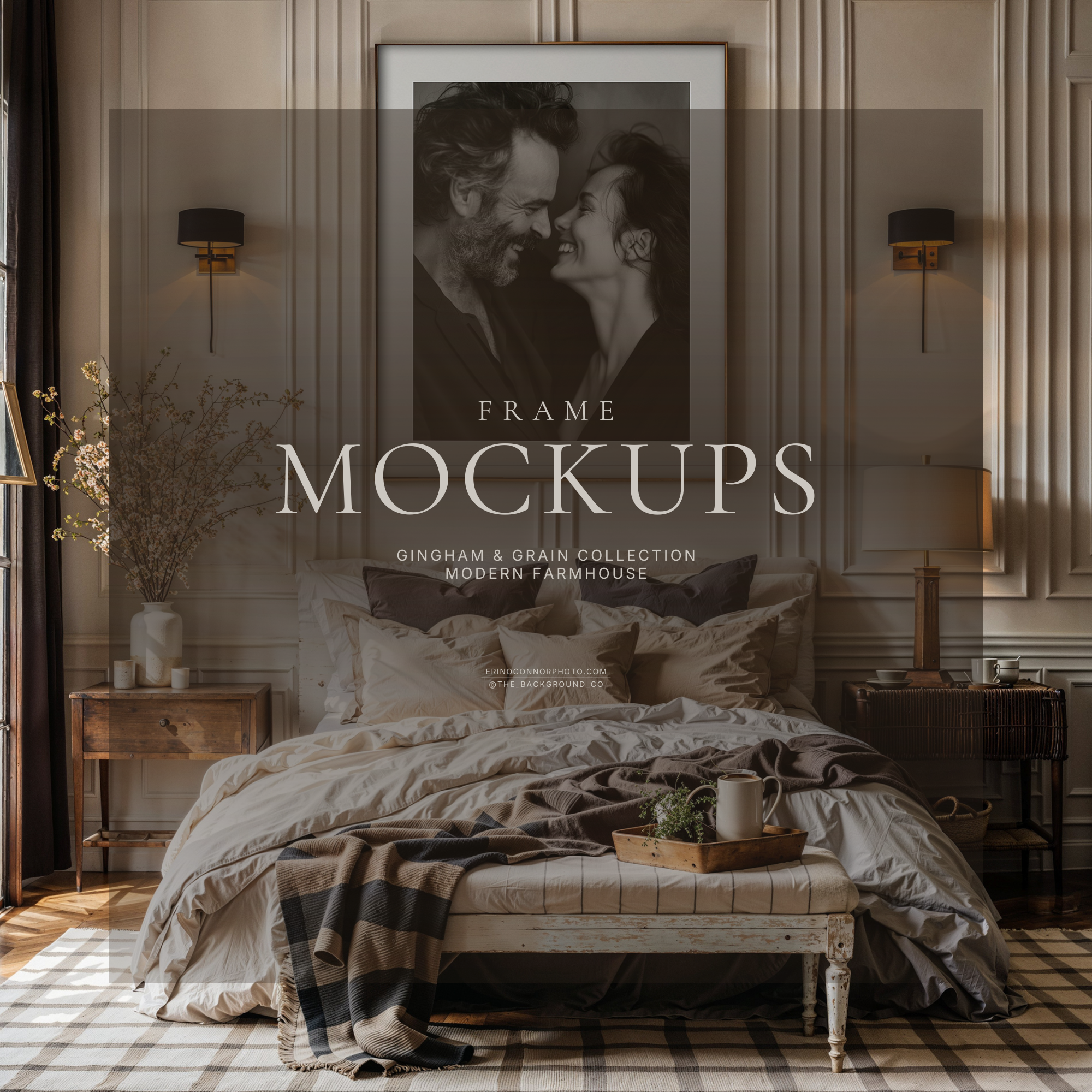 Large framed print mockup above a cozy bed in a cream paneled bedroom, neutral bedding, plaid gingham rug, bedside lamps, styled interior wall art mockup.