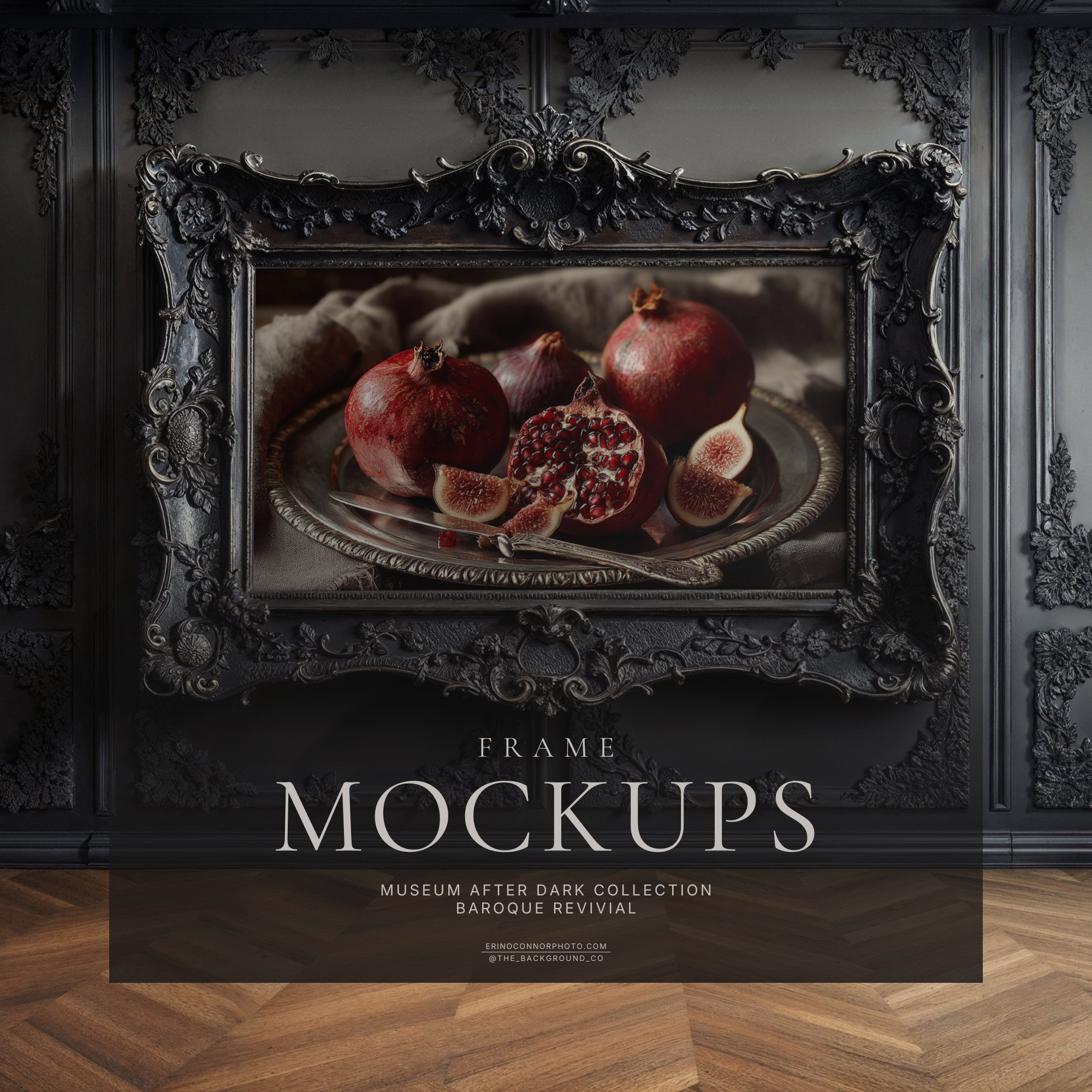 Horizontal ornate black frame mockup on dark classic paneled wall, blank artwork placeholder for photographers and artists, dramatic gallery interior with wood floor.