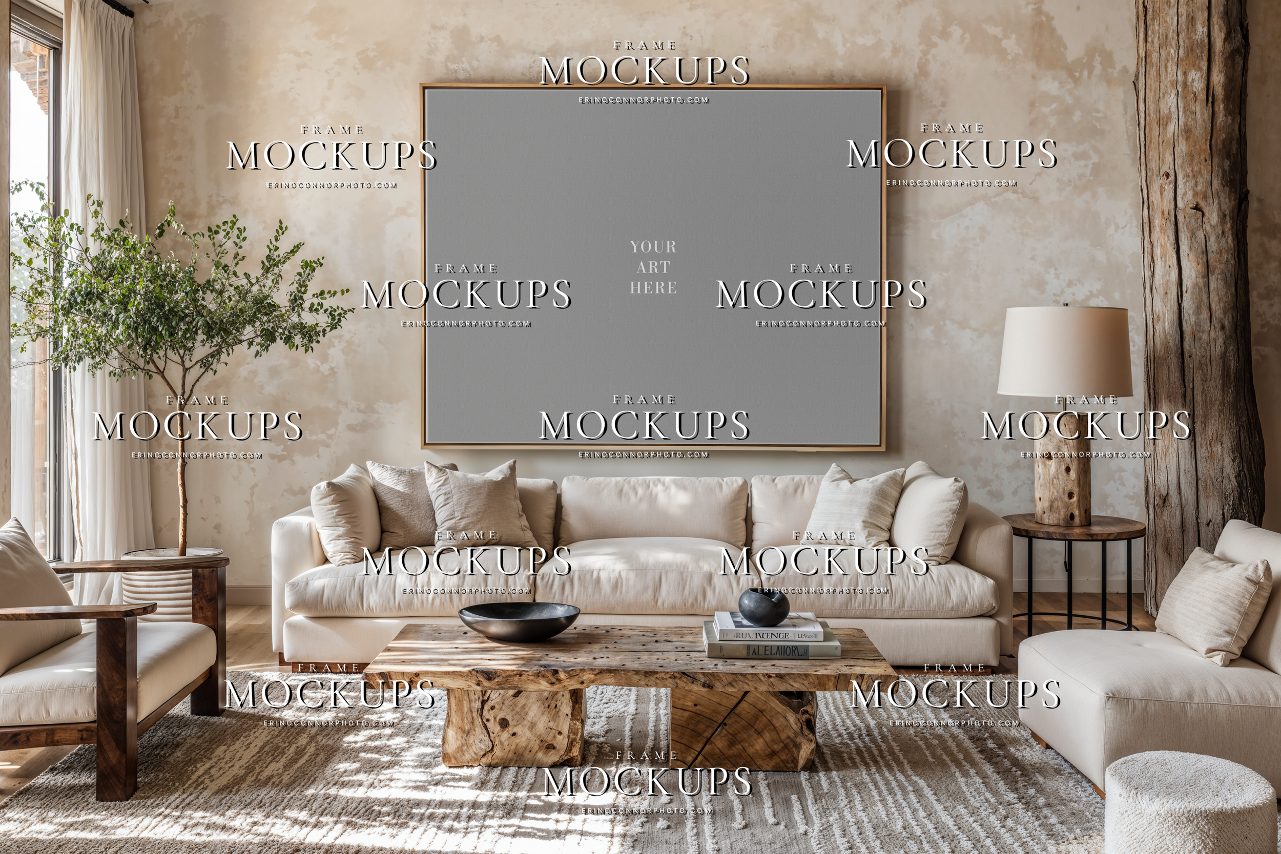 organic modern mockup with empty horizontal frame above cream seating, plaster wall texture, natural wood furniture, and sunlit neutral interior styling