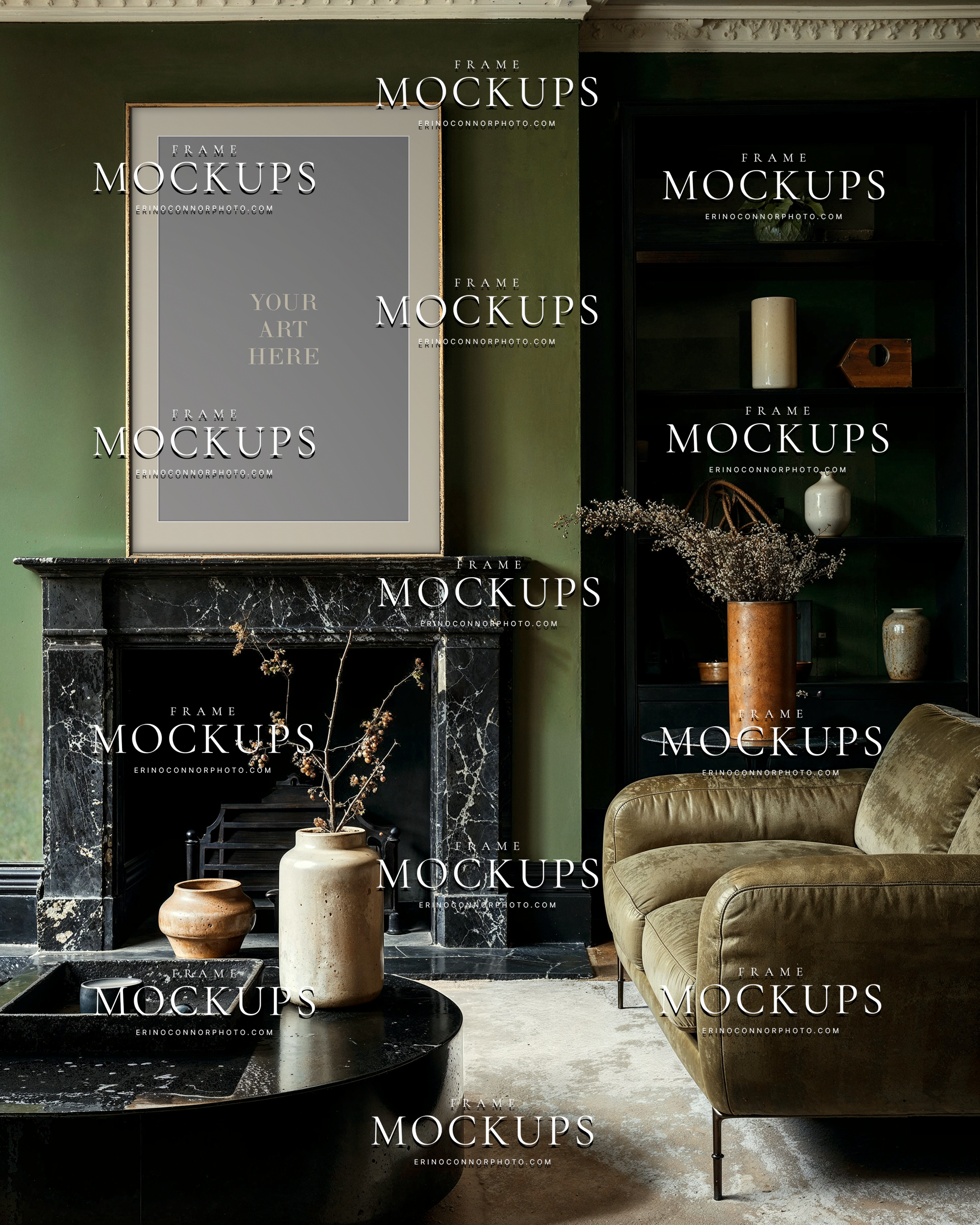 Dark Academia vertical frame mockup above a black marble fireplace with olive green walls, built in shelves, velvet chair, and quiet heirloom styling