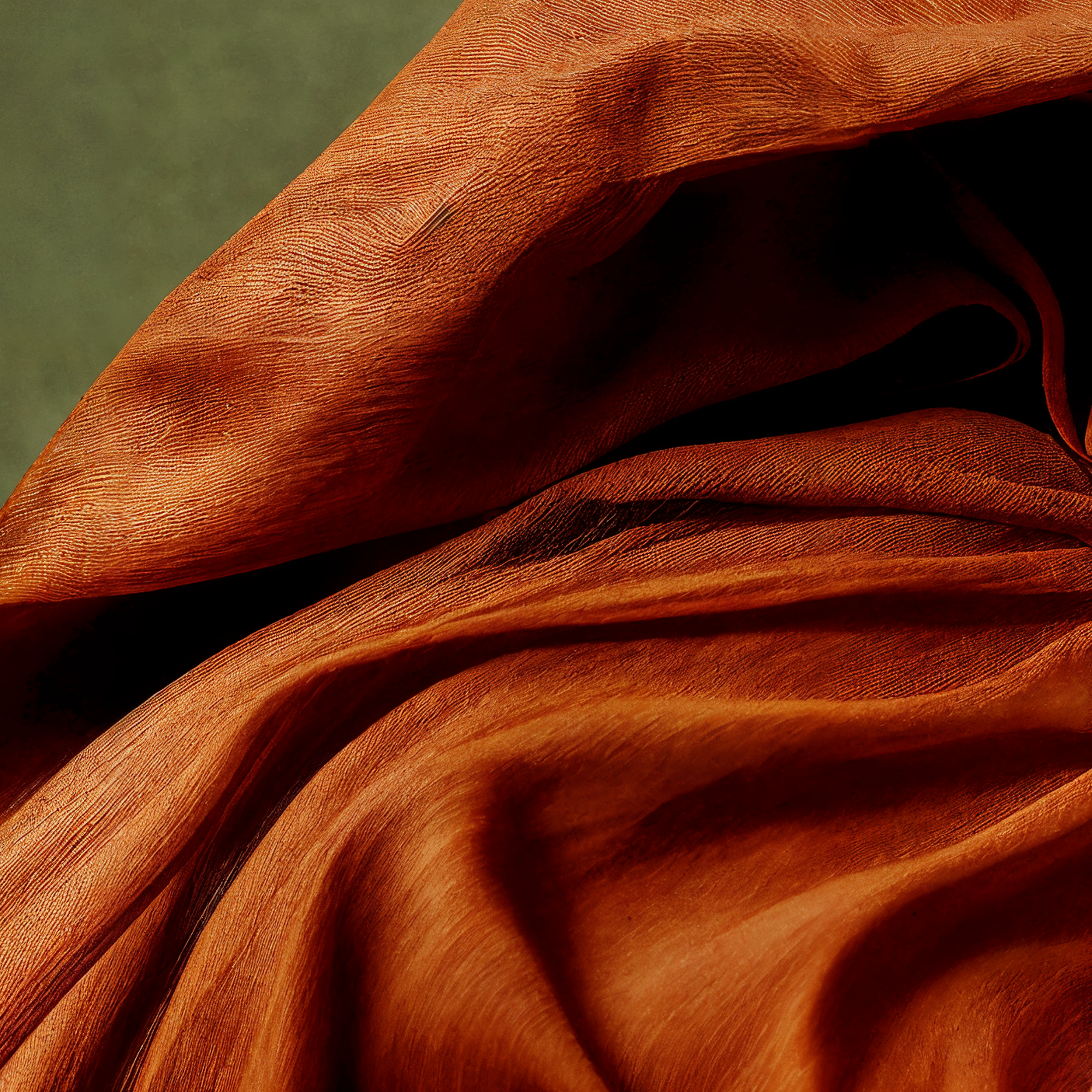 Close detail of the deep folds and texture of Blythe's flowing rust-colored garment.