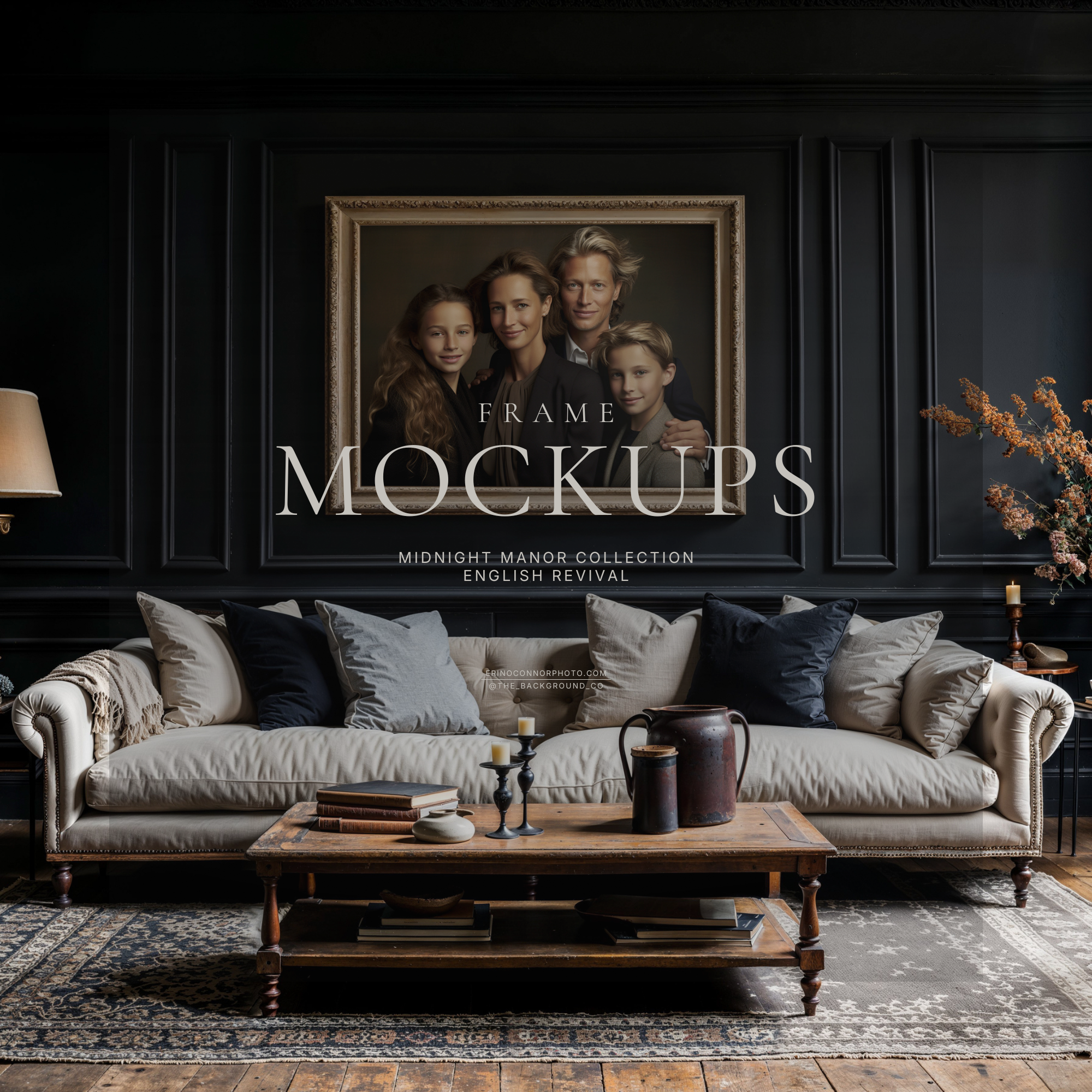 Classic black paneled living room mockup with cream sofa, antique rug, rustic table, and wide gold landscape frame with matte, styled for displaying photography and wall art.