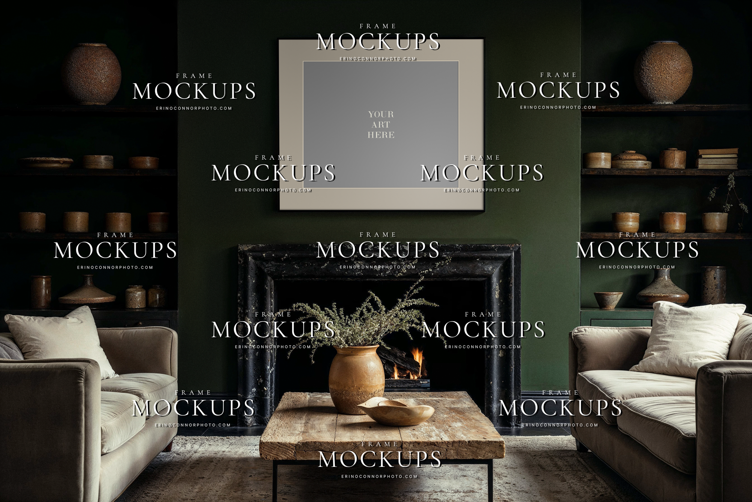 Dark Academia square frame mockup above an onyx marble fireplace with olive walls, built in shelves, rustic wood table, and moody living room styling