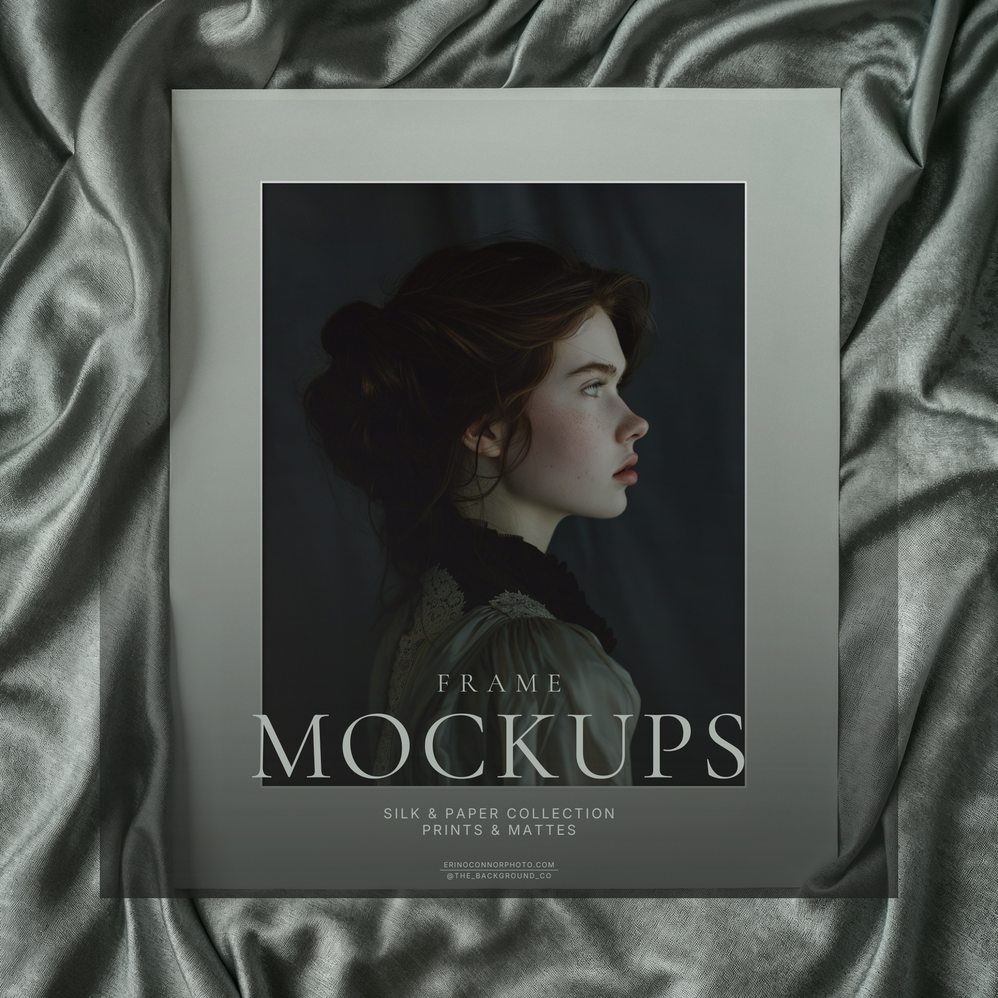 Sage green satin flat lay with a pale green photo matte and square art placeholder, minimal fine art print mockup for photographers and artists.