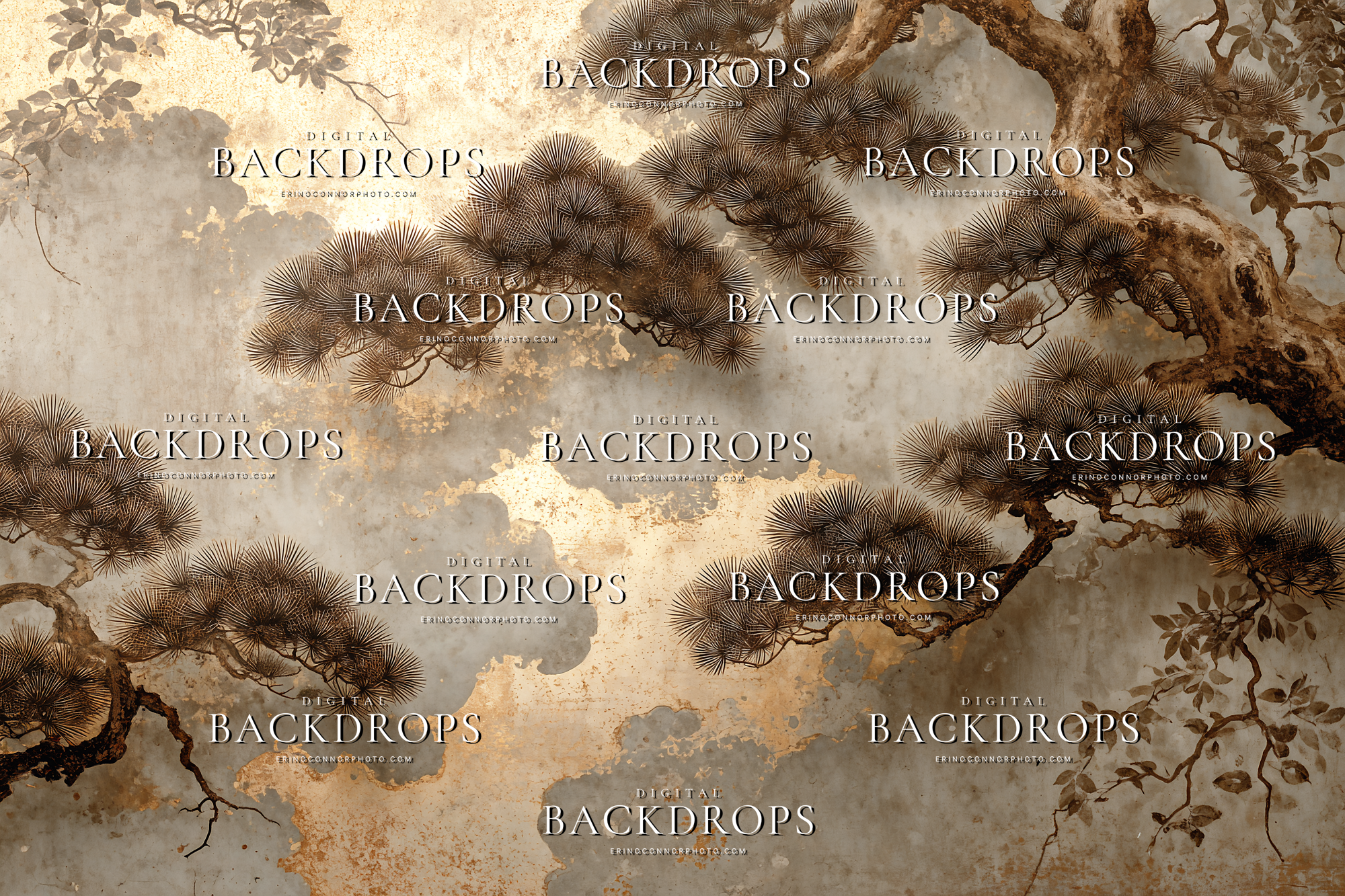 Kyoto Moon Garden digital background: warm parchment sky with sepia pine branches and antique gold leaf texture, painterly Japanese wall art backdrop.