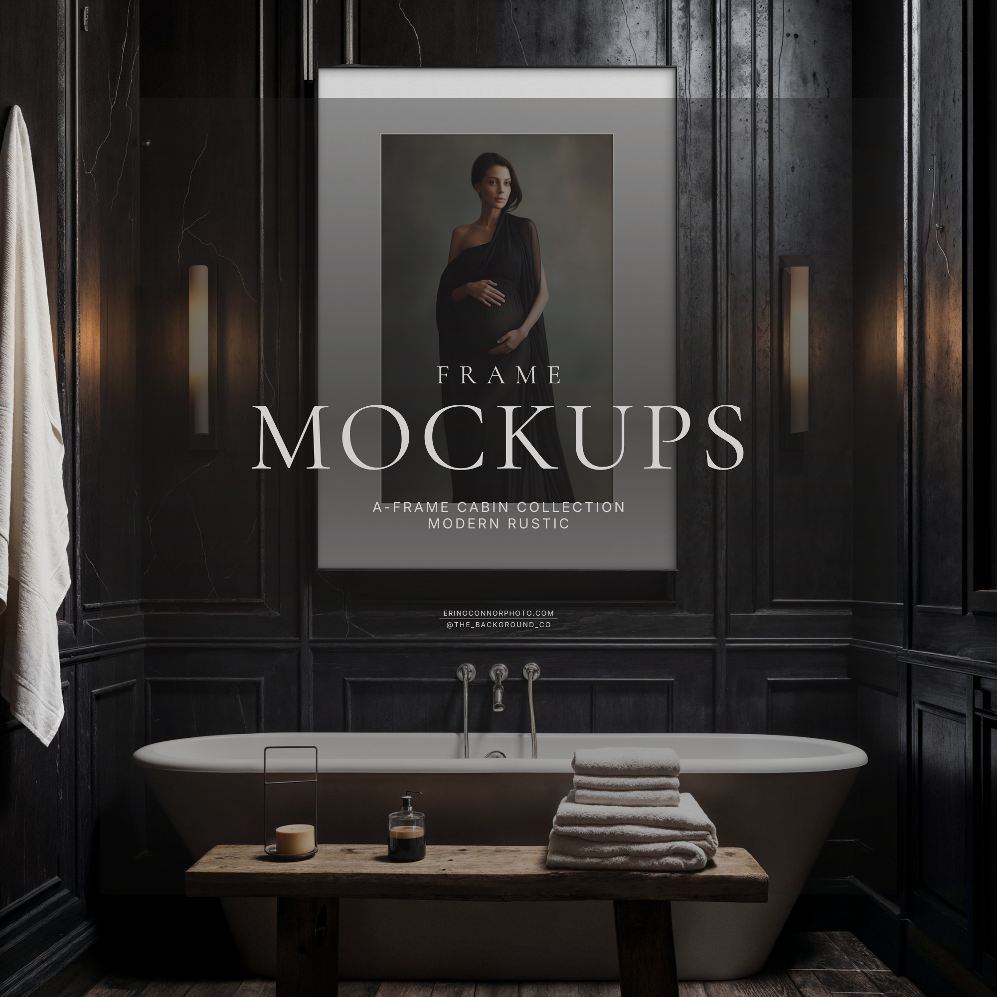 Modern rustic bathroom mockup, black paneled walls, freestanding tub and wood bench, vertical frame on wall for artwork and photography display.